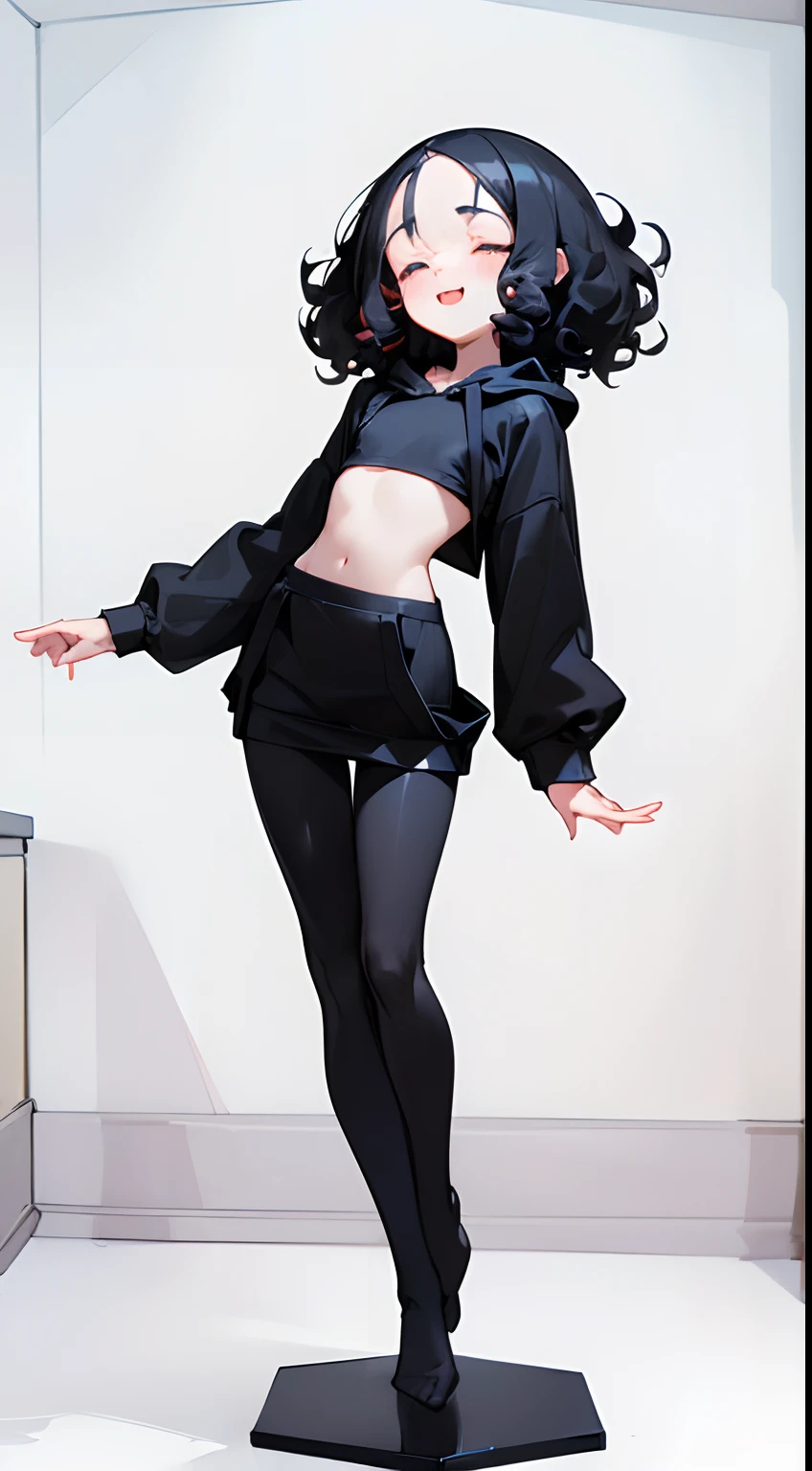 (cute girl:1.3) (joyful expression:1.1) (black hoodie:1.3) (black skirt:1.2) (black tights:1.3) (black hair) (very curly hair:1.3) (short hair:1.1) (forhead:1.4) (closed eyes:1.57) (delicate figure) (very skinny figure:1.3) (extremely flat chest:1.4) (thin thighs:1.1) (best quality,4k,8k,highres), (soft pastel colors) (bright lighting) (standing pose:1.2) (bedroom:1.2) (white background)