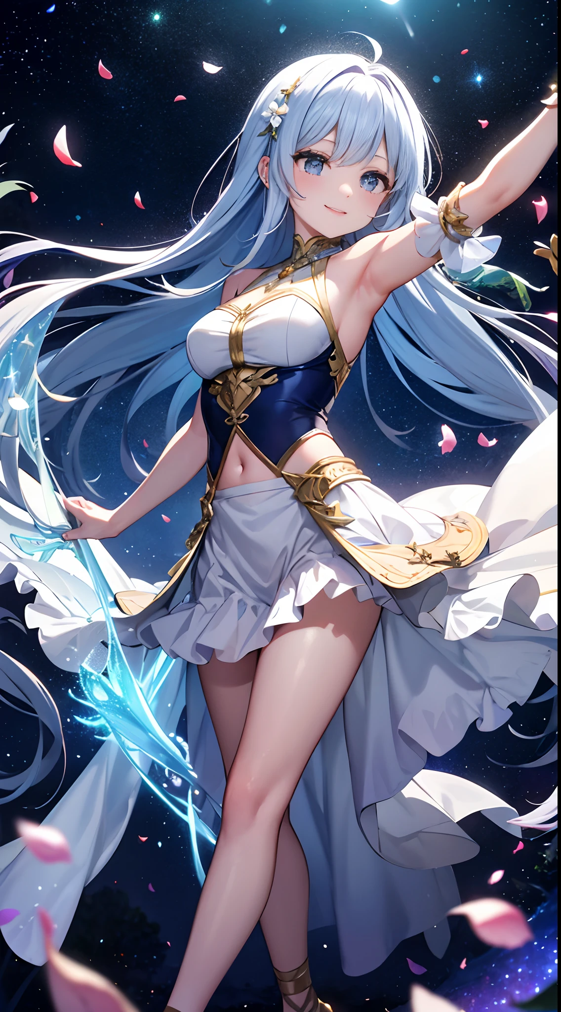 In a realm of enchantment, within a magical forest, a mystical fairy girl emerges, Light blue long hair、Twin-tailed、adorable smiling、a radiant being adorned in gossamer threads of moonlight. Her skirt, woven from petals and stardust, shimmers with an iridescent glow, reflecting the celestial canopy above. Flowering trees々While flapping its wings in the sparkling fireflies, the air resonates with the ethereal symphony of nature's whispers, Creating a field where dreams and reality intersect,Dance the Dance of Pure Charm.
