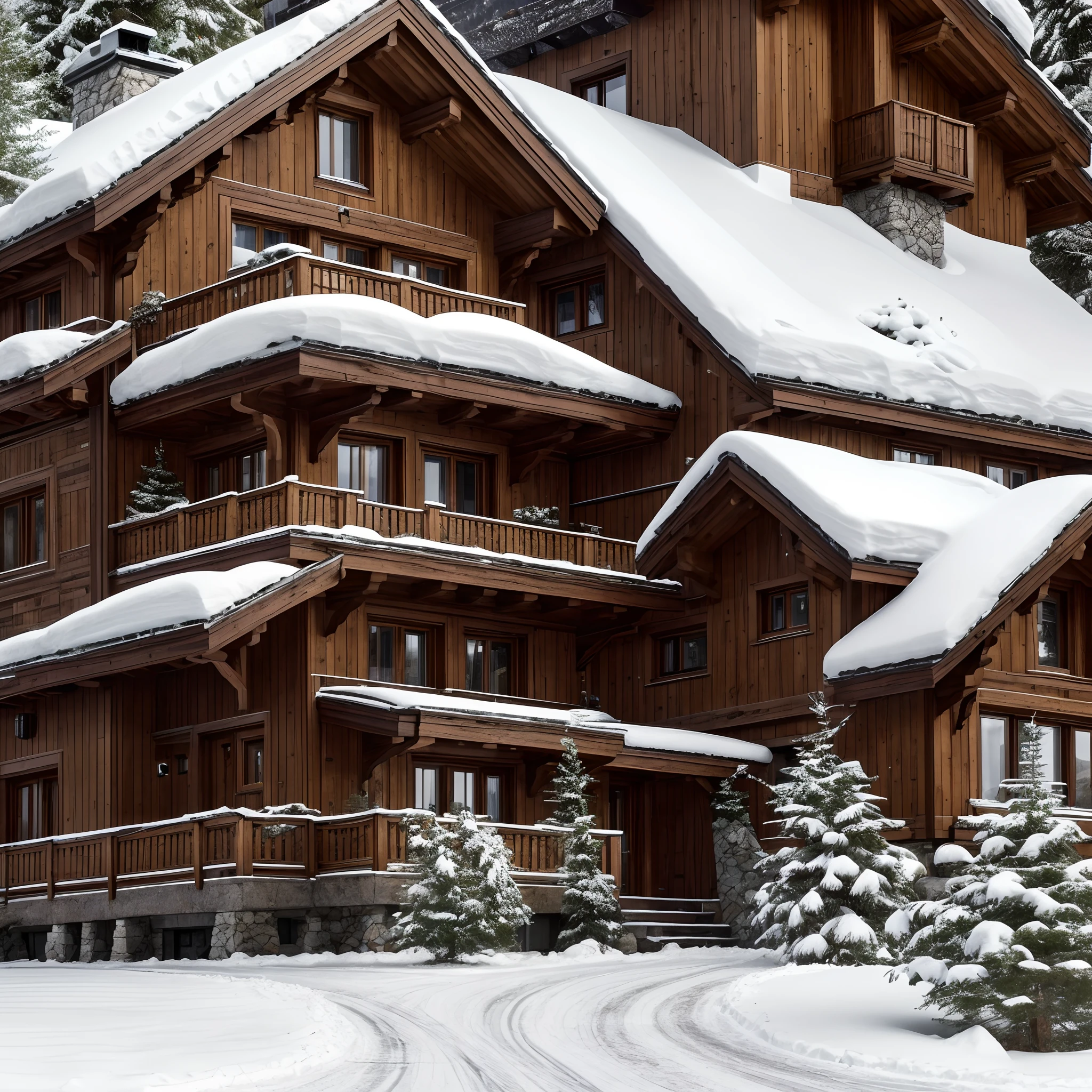 Front Facade
Style: Traditional Chalet
Exterior: The chalet features an exterior adorned with cedar shingles, large chalet-style windows framed by dark wood trim, and a steeply pitched roof topped with snow in the winter months. A rustic wooden door with wrought-iron accents welcomes you.
Surroundings: Nestled in the heart of the Swiss Alps, the house is surrounded by pristine, snow-capped peaks and fragrant pine trees. A stone pathway leads to the front entrance.
Atmosphere: From the outside, the chalet exudes warmth and an inviting alpine charm, with the scent of pine in the crisp mountain air.