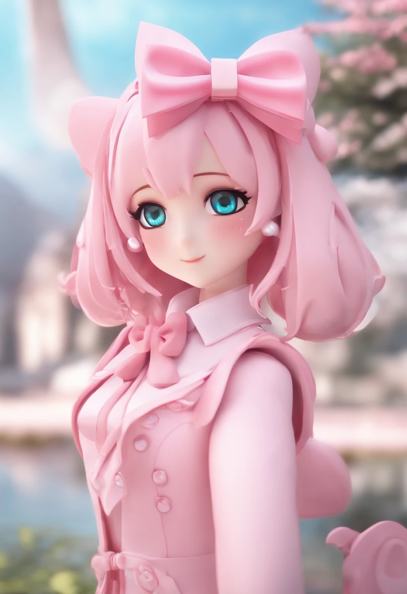 a close up of a pink and white paper doll with a pink bow, roblox avatar, humanoid pink female squid girl, anime vtuber full body model, pink twintail hair and cyan eyes, pink iconic character, anime styled 3d, anime girl with cat ears, stylized anime, kawaii hq render, pink skin, pudica pose