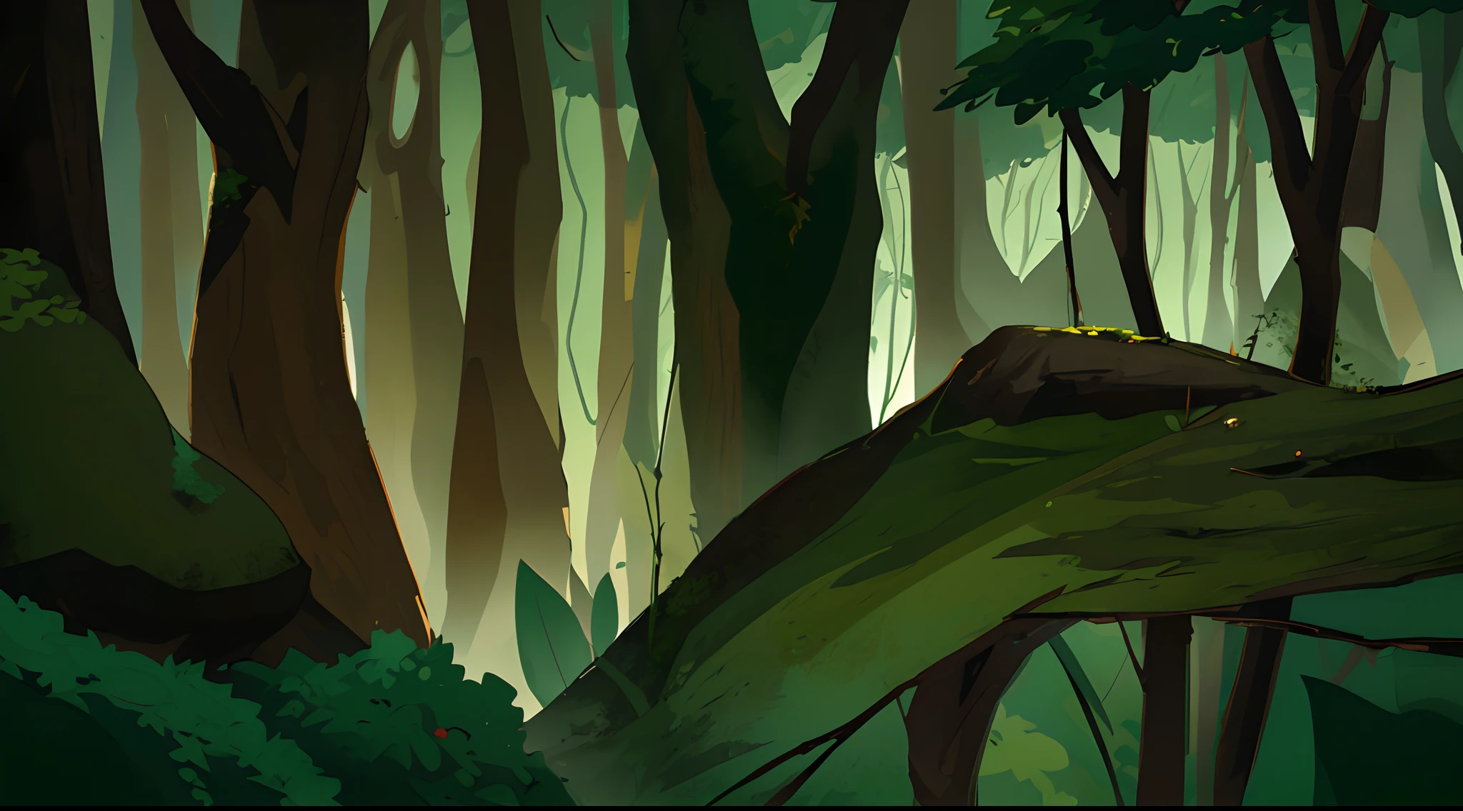 forest, dark woods, trees, brown trunks, branch, green bush, rock, detailed, high quality, masterpiece,