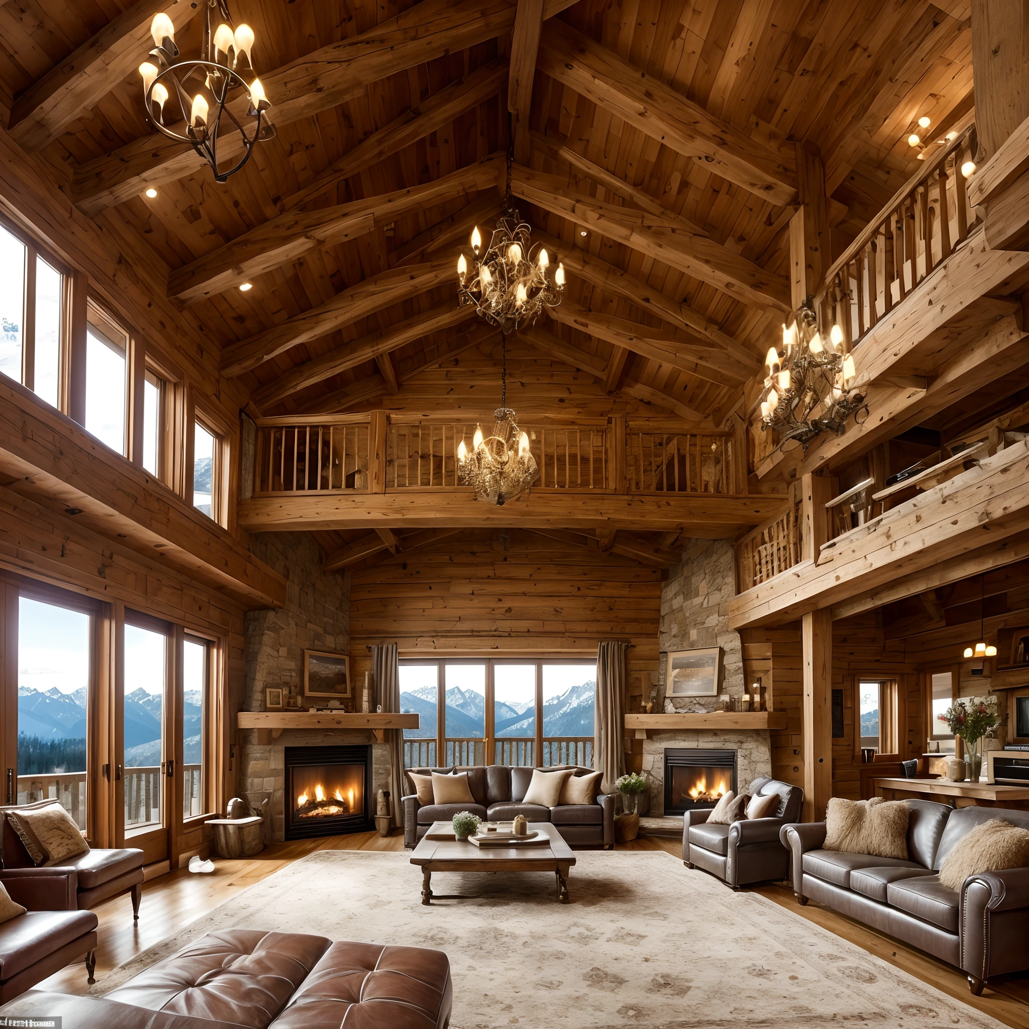 Living Room
Style: Alpine Elegance
Interior: Step into the living room, where vaulted ceilings adorned with exposed wood beams create a sense of grandeur. The focal point is a grand stone fireplace, complemented by large chalet-style windows that frame the awe-inspiring mountain views.
Decor: The room is adorned with plush leather sofas, each adorned with cozy fur throws. A collection of vintage ski gear, including antique skis and snowshoes, adds to the ambiance.
Atmosphere: It's a welcoming space that combines sophistication with the rustic charm of the Swiss Alps, providing the perfect setting for relaxation and gatherings.