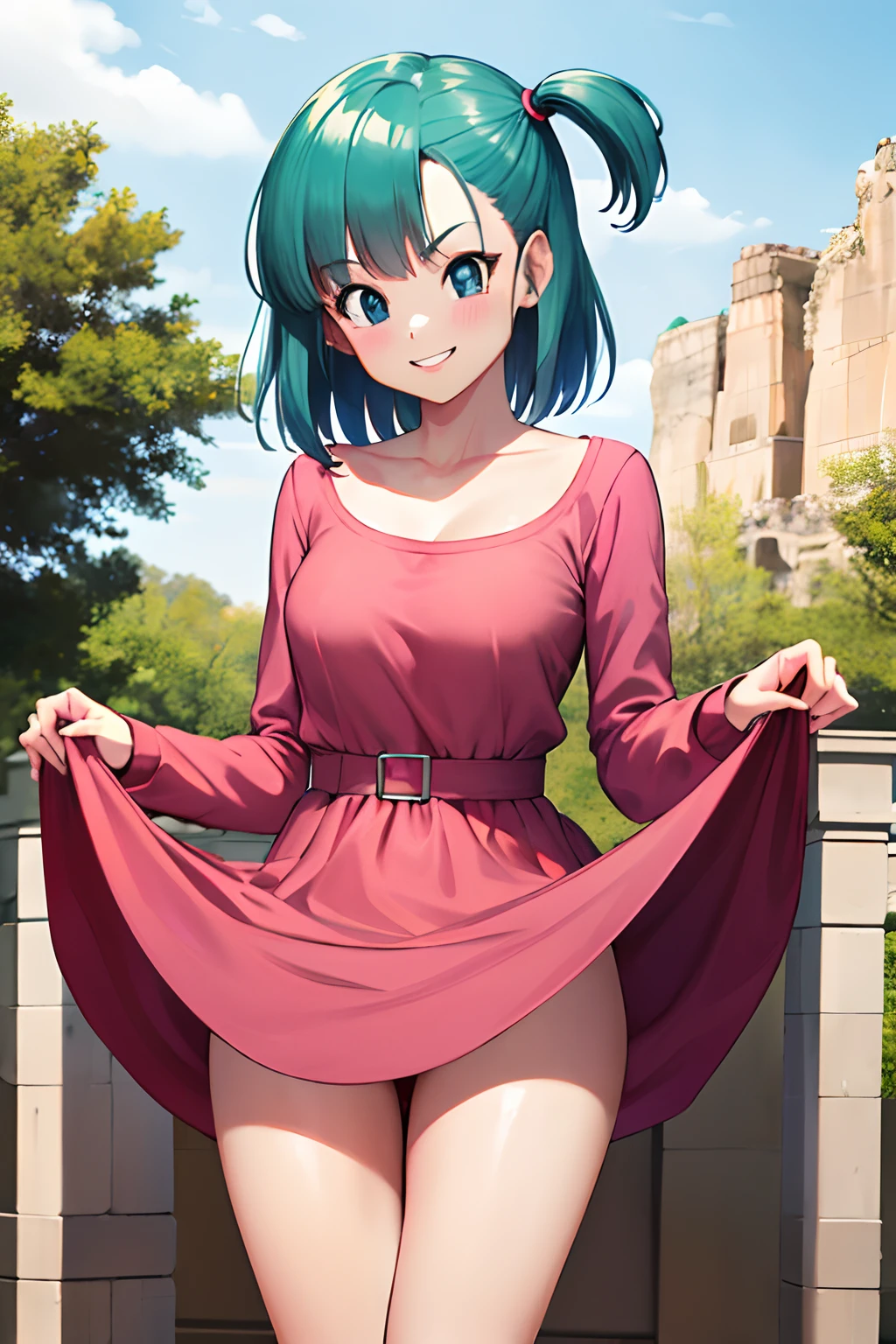 masterpiece, best quality, highres, dragon ball, blmsdup, bulma, aqua hair, one side up, pink dress, long sleeves, collarbone, medium breasts, outdoors, standing, cowboy shot, (dress lift:1.2), evil smile,