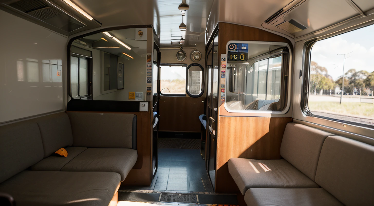 a hyper realistic photography of the train in Melbourne, no people, Nikon D850 DSLR 4k camera, 100mm lens, F 1.2 aperture setting, bright and natural lighting, vibrant, fun and relaxing atmosphere