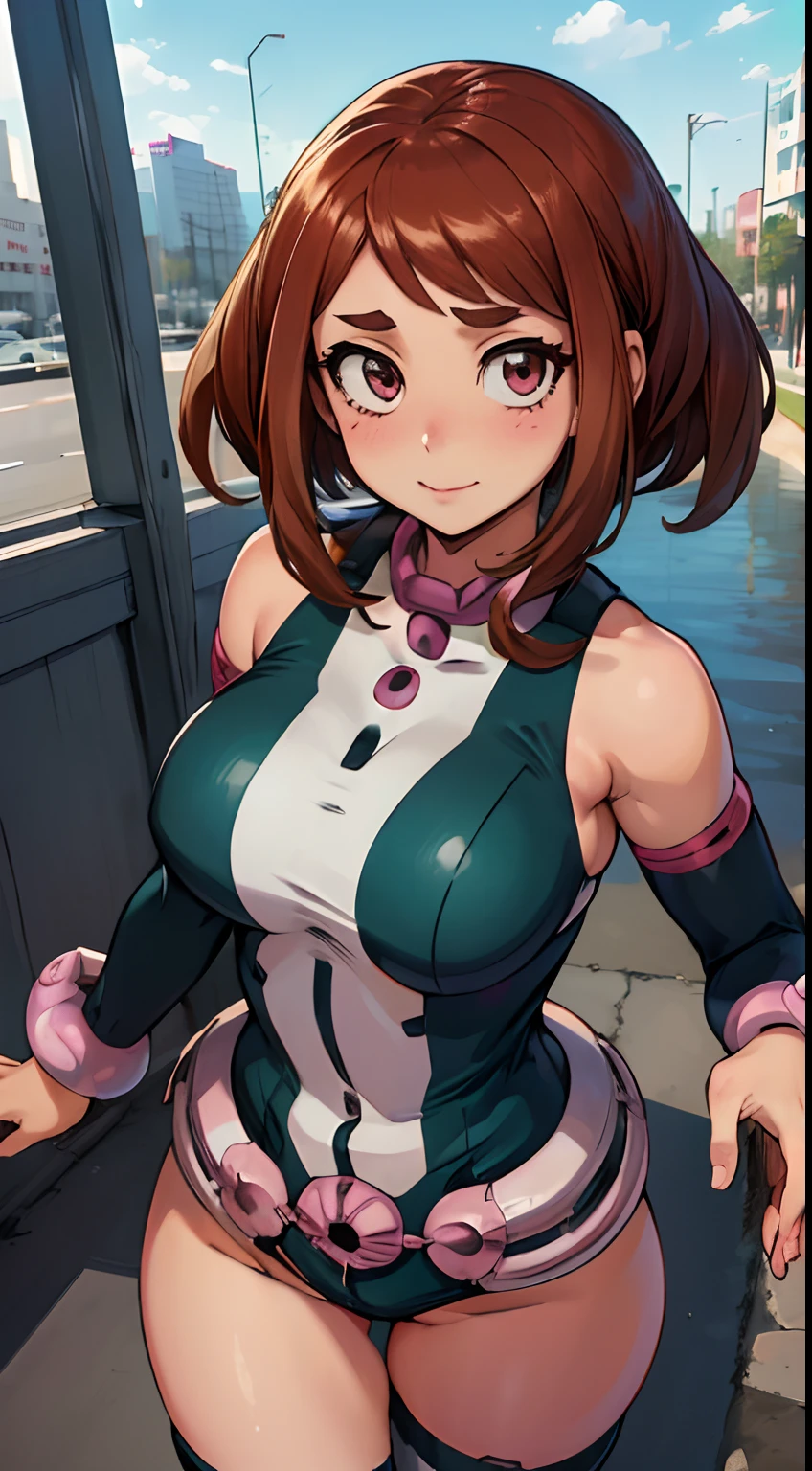 (La mejor calidad:1.3), Uraraka Ochako, Tetona, escote, seductora, Avergonzado, sexy, Curvaceous Body, grande, senos grandes, ((Pov: frente))