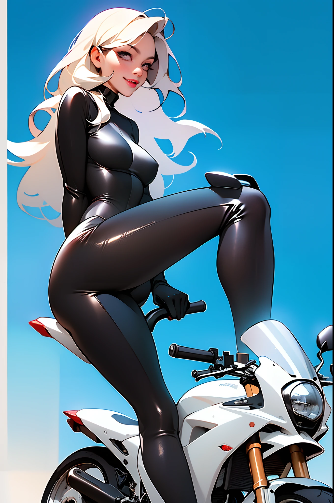 masterpiece, (masterpiece, top quality, best quality),1girl, solo, bodysuit, breasts, long hair, white background, smile, simple background, medium breasts, helmet, looking at viewer, skin tight, sitting, lips, blue bodysuit, motorcycle, black gloves, gloves