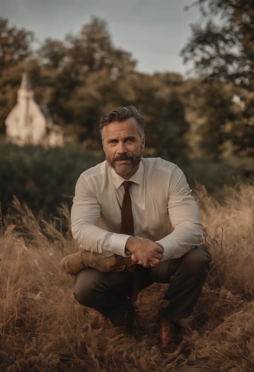 realistic image of middle-aged business professional, 100 ponds of weight, professionally dressed in a suit and tie, high-quality, highest resolution, standing position, hands down, professional, beautiful detailed slightly brownish eyes , beautiful detailed lips, short beard, graying short hair, kind expression, warm smile, distinguished look, proper lighting, plain background, clean image with no blurry effect, ultra-detailed texture,masterpiece:1.2