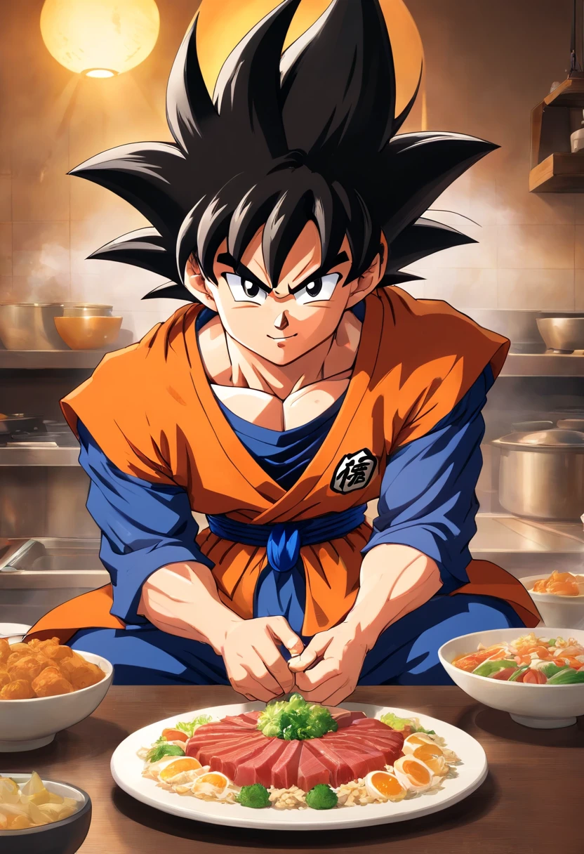 Dragon Ball Goku,Great ape, full body portrait,of a real,Facial features are carefully depicted,Realistic skin texture,Dark style,depth of fields,high light,Real light,Ray traching,oc rendered,Hyper-realistic,best qualtiy,8K,Works of masters,super-fine,Detailed pubic hair,Correct anatomy,sharp focus on eyes,facial features are carefully depicted. Goku Disfrutando de Fideos Chinos en un Restaurante" Description: En un restaurante acogedor con toques orientales, Goku, el famoso guerrero saiyajin, se encuentra en la cocina, rodeado de aromas deliciosos. Dressed in his iconic martial arts uniform, Goku is in a kitchen counter con un plato de tallarines chinos, mientras sostiene los palillos con destreza. With a smile of anticipation, Goku se dispone a saborear los fideos con entusiasmo. His fellow Z warriors meet at a nearby table, Observing with amusement his encounter with terrestrial cuisine. Behind him, los chefs del restaurante, ataviados con sus uniformes tradicionales, They watch with admiration the legendary fighter as he enjoys the meal. The atmosphere is full of warmth and camaraderie, despite the epic adventures that Goku and his friends regularly face. Soft lighting enhances the scene, making the colors of the ingredients and the decoration of the restaurant shine with a cozy luminosity. La imagen captura un momento inusual y relajado en la vida de Goku, showing his most human side while enjoying an earthy meal in the midst of his amazing exploits.