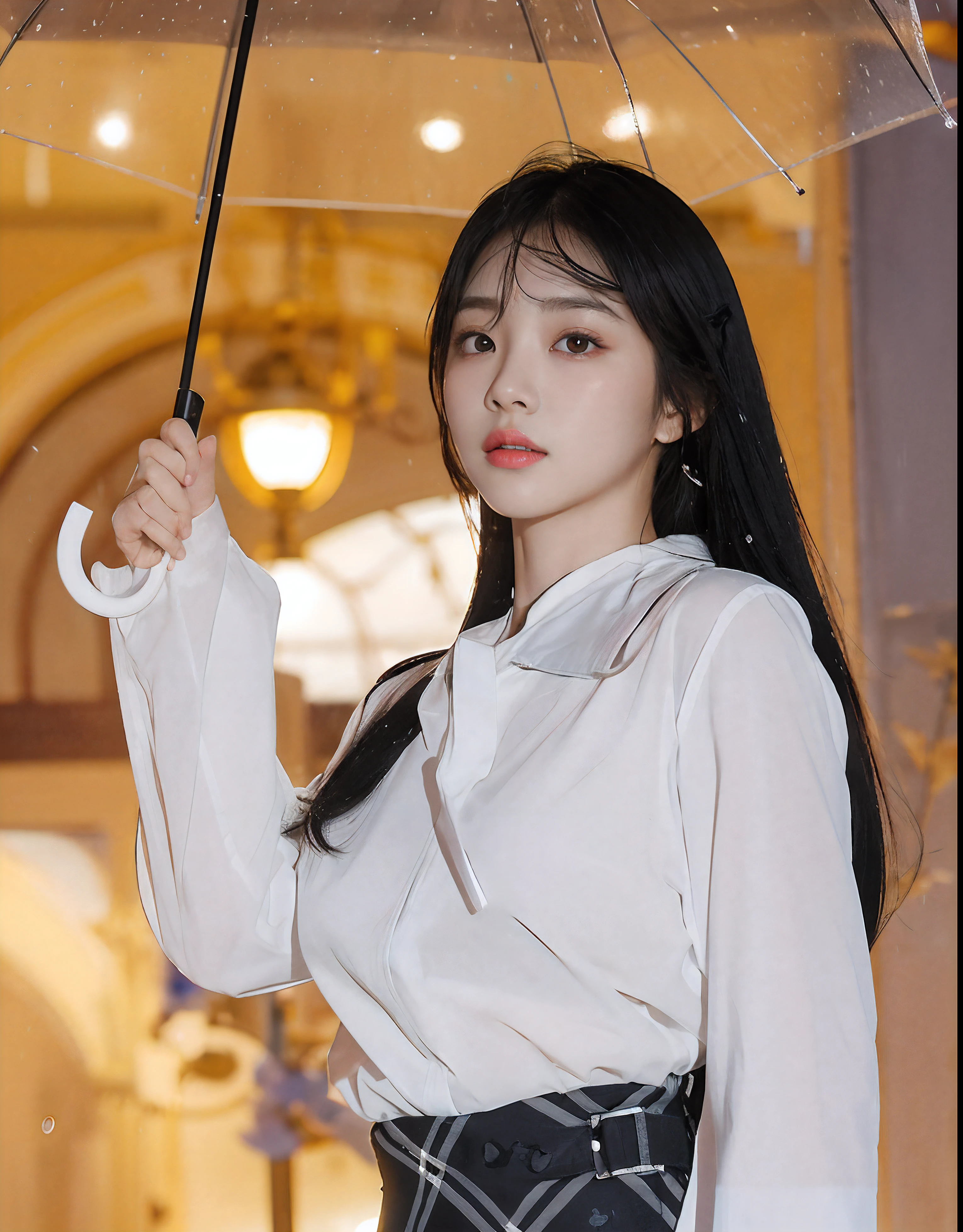 Woman in white shirt holding umbrella in room, blackpink jennie, Choi Hyun-hwa, gongbi, glossy from rain, Shot on Canon EOS R 6, Rained, park jimin, Lee Ji-eun, lee ji eun, Shin Jinying, jaeyeon nam, ji-min, hwang se - on