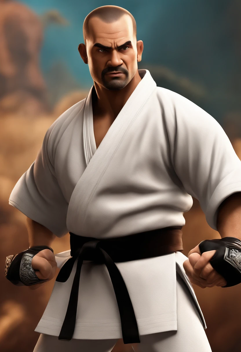 A Disney Pixar movie poster showing a 40-year-old man, alto, careca , vestindo um kimono de jiu jitu com a faixa preta. He's head-on in a combat stance. The background is a cademia of struggle. 3D-rendering