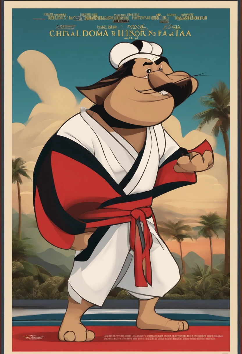 A Disney Pixar movie poster showing a 40-year-old man,  alto, careca , vestindo um kimono de jiu jitu com a faixa preta. He's head-on in a combat stance. The background is a cademia of struggle. 3D-rendering