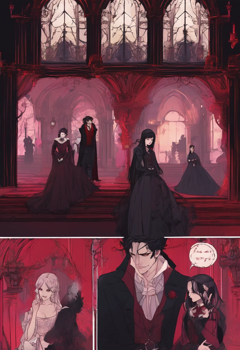 Describe a scene in which a girl dressed in gothic lolita clothes, with red and black color pattern, straight black hair, divided into two low braids, walks alone through a macabre and scary mansion. The hallways are dark and gloomy, only lit by the dim light of candles that flicker on the walls, casting unsettling shadows. The girl's eyes glow pink, and her gothic and mysterious appearance contrasts with the dark atmosphere of the mansion. Suddenly, the silence is broken by a sudden noise of wings, and a vampire, reminiscent of Castlevania's Dracula, emerges from the shadows. His hair is also black as night, and he silently approaches the girl with a mesmerizing gaze. With a quick, precise movement, the vampire bites the girl's neck, and she feels a mixture of fear and ecstasy as her life flows into the vampire. Blood drips down the vampire's chin, and the gloomy mansion bears witness to the supernatural encounter between these two beings.