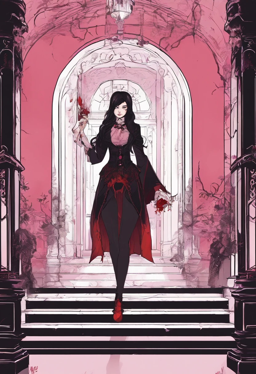 Describe a scene in which a girl dressed in gothic lolita clothes, with red and black color pattern, straight black hair, divided into two low braids, walks alone through a macabre and scary mansion. The hallways are dark and gloomy, only lit by the dim light of candles that flicker on the walls, casting unsettling shadows. The girl's eyes glow pink, and her gothic and mysterious appearance contrasts with the dark atmosphere of the mansion. Suddenly, the silence is broken by a sudden noise of wings, and a vampire, reminiscent of Castlevania's Dracula, emerges from the shadows. His hair is also black as night, and he silently approaches the girl with a mesmerizing gaze. With a quick, precise movement, the vampire bites the girl's neck, and she feels a mixture of fear and ecstasy as her life flows into the vampire. Blood drips down the vampire's chin, and the gloomy mansion bears witness to the supernatural encounter between these two beings.