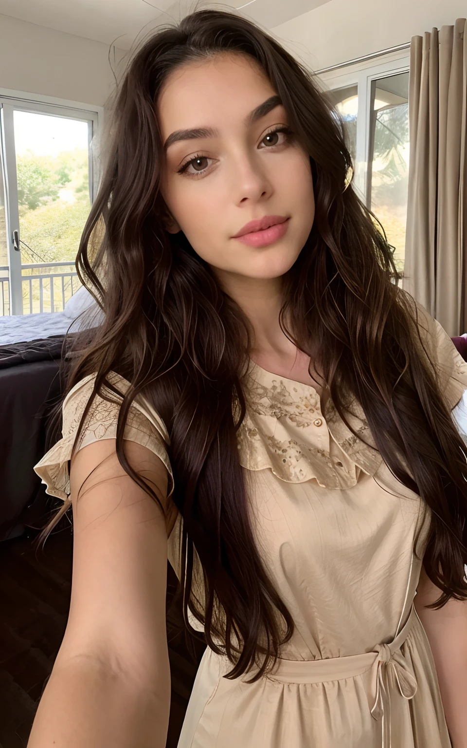 1 femme, Long Wavy Hair, dark brown eyes, nature, top, jupe courte, selfie, room, black dress