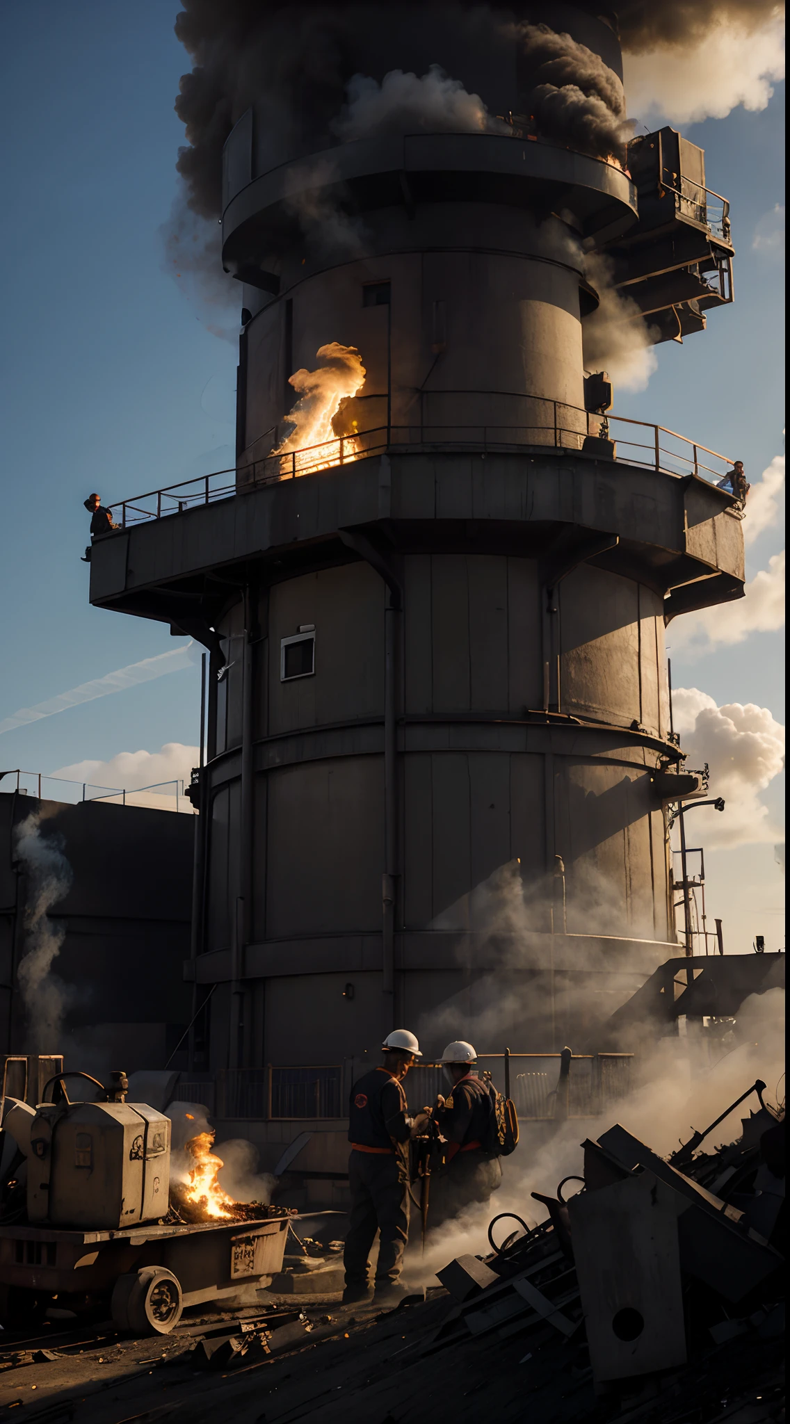 workers operating machinery and smoke billowing from the chimneys