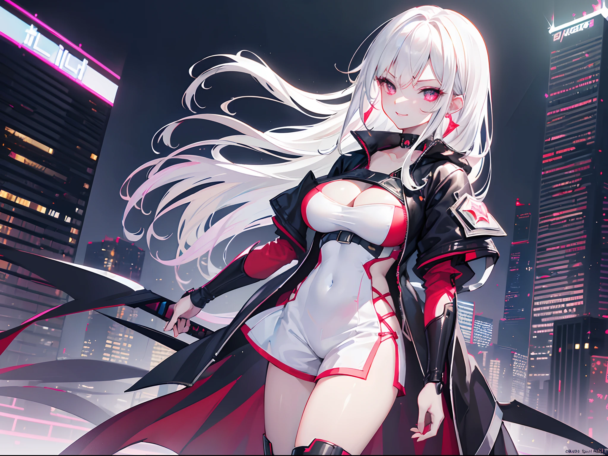 masterpiece, 8k, UHD, photorealistic, realism, 1girl, female, (beautiful Caucasian girl:1.4), (very beautiful girl), large breast, very large breast, exposed cleavage, very detailed hair, beautiful hair, (very detailed hair), ((mullet haircut)), white hair color, flowy hair, shiny white hair, ((very detailed eyes)), (red glowy eyes), sharp nose, ((sharp jawline)), evil smile, ((extremely detailed smile)), (looking at the viewer), cyberpunk background, skyscrapers, (cybercity background:1.2), backlit photo, (neon lights:1.3), standing on the road, (backlit:1.2), wearing a white choker, (white choker + red earrings), extremely detailed eyes, revealing outfit, (revealing outfit), shorts, long boots, long range shot, (long range shot)