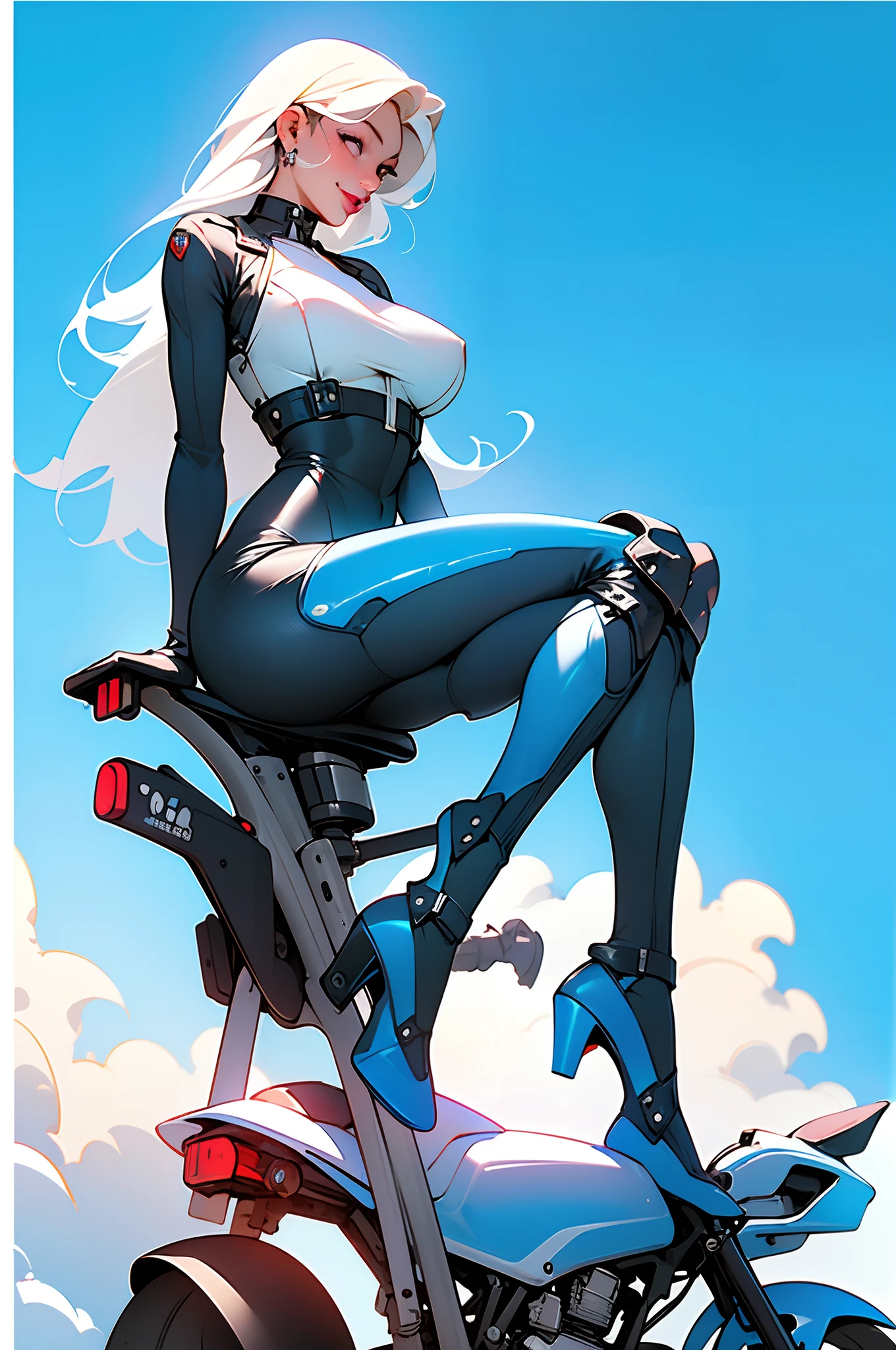 masterpiece, (masterpiece, top quality, best quality),1girl, solo, bodysuit, , long hair, white background, smile, simple background, medium breastst, looking at viewer, skin tight, sitting, lips, blue bodysuit, motorcycle, black gloves, gloves