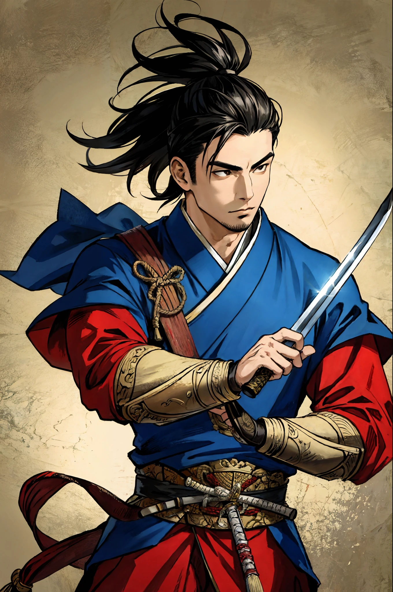 (best quality), detailed background, oriental warrior,man,combat arts, holding holding sword,