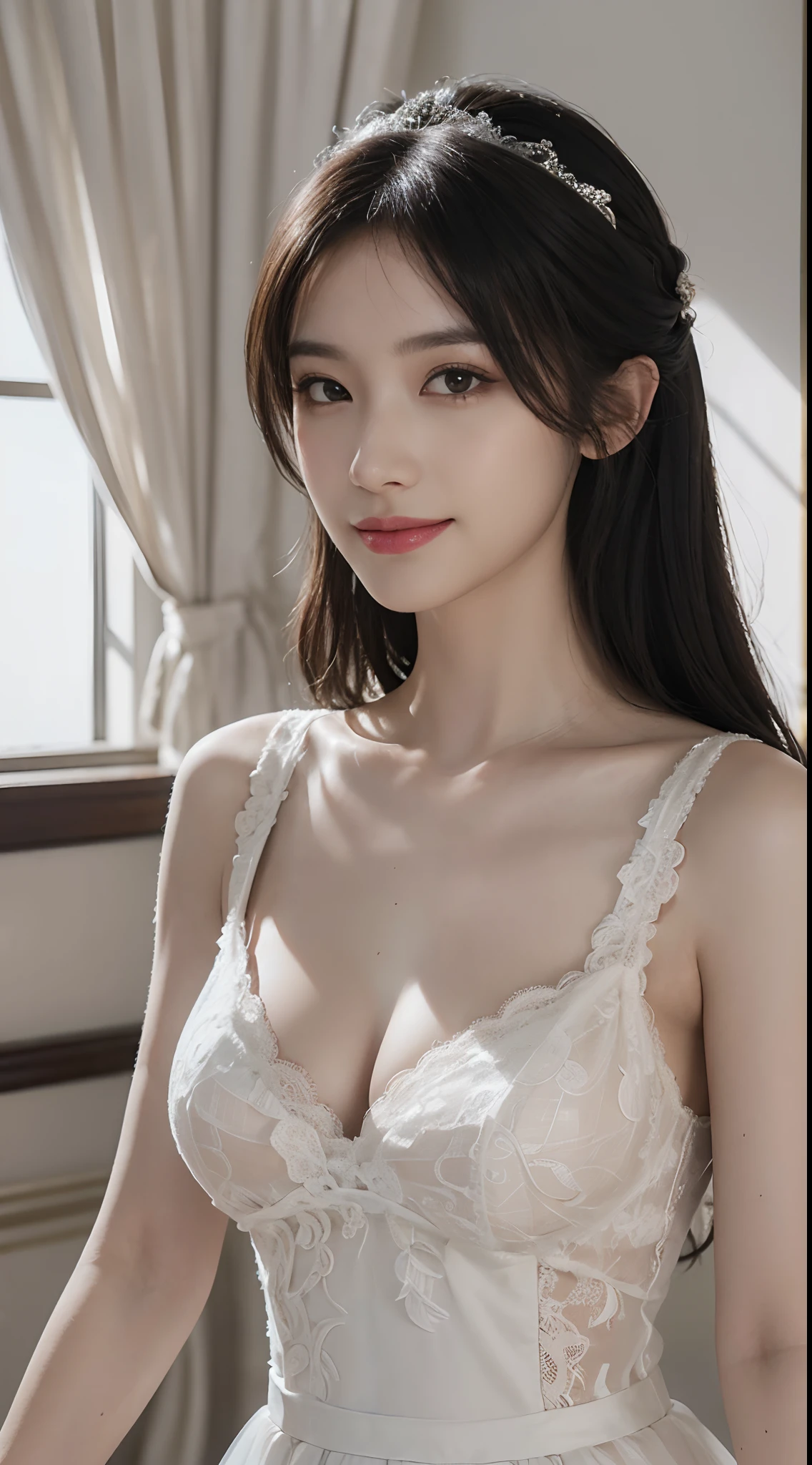 (Very detailed, reasonable design, Clear lines,Best quality, Masterpiece,Light and dark Canon photography is crystal clear ,Large breasts,cropped shoulders,Lace(realisticlying:1.2)Beautiful woman in white wedding dress,Smile