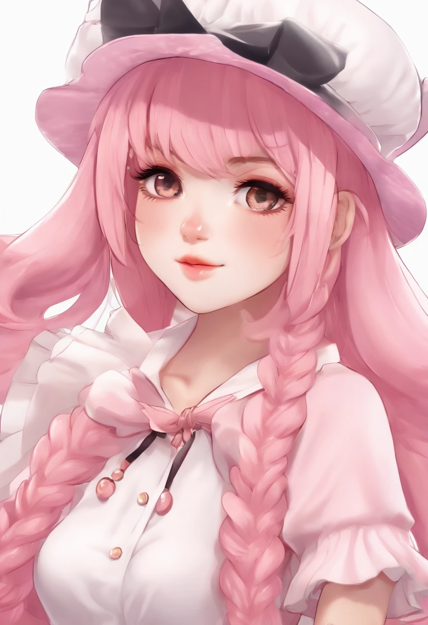 A closeup of a cartoon character with a hat and a dress, Pudica posa, segurando uma pose de pudica, humanoid pink female squid girl, avatar roblox, cabelo rosa twintail e olhos cianos, e 2K Cutecore Clowncore, ((vestindo manto aristocrata)), very aesthetic!!!!!!!!!!!!!!!, Chibi