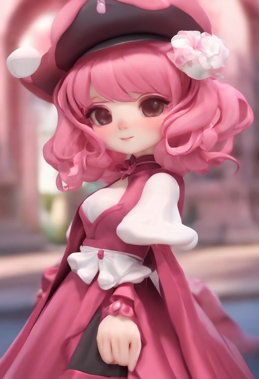 A closeup of a cartoon character with a hat and a dress, Pudica posa, segurando uma pose de pudica, humanoid pink female squid girl, avatar roblox, cabelo rosa twintail e olhos cianos, e 2K Cutecore Clowncore, ((vestindo manto aristocrata)), very aesthetic!!!!!!!!!!!!!!!, Chibi