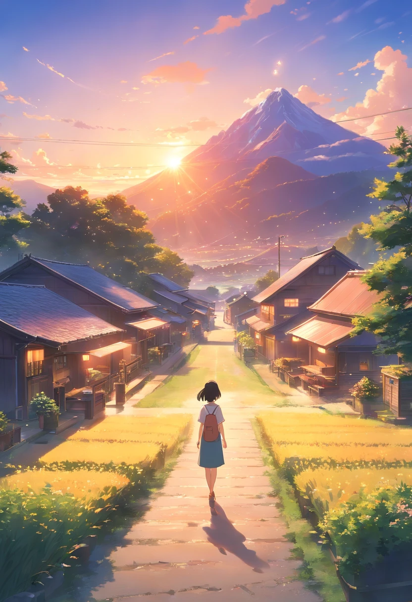 masterpiece, best quality, movie still, village mountain farm , bright, happy, warm soft lighting, sunset, night(sparks:0.7)