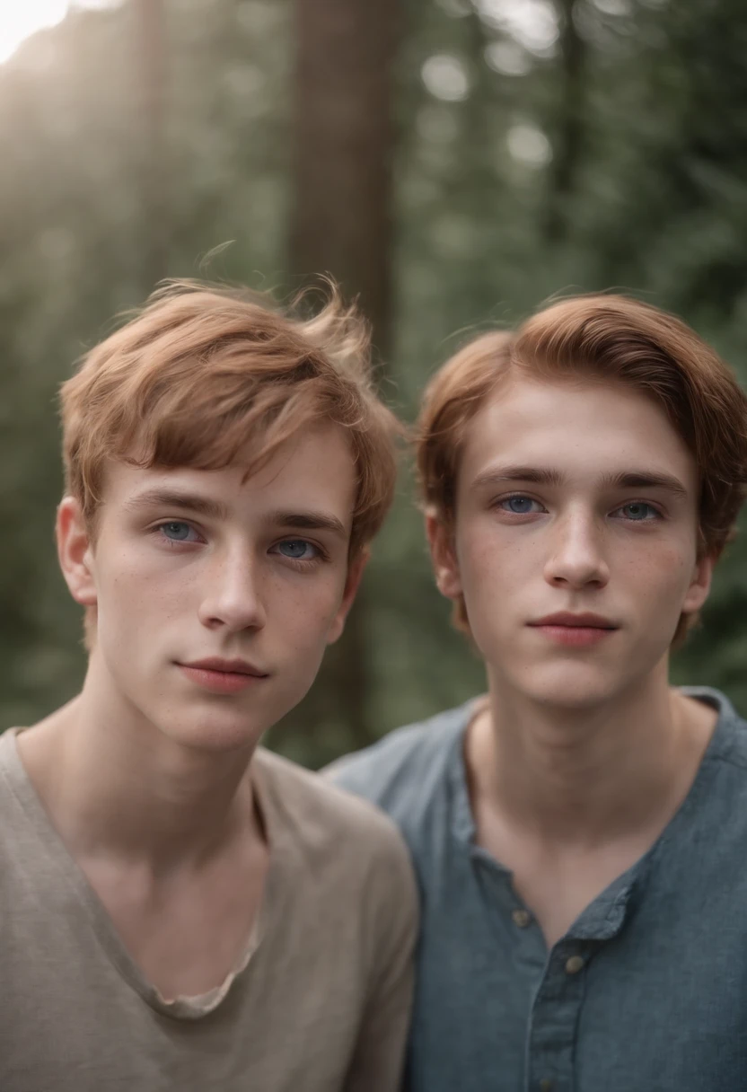 Make two boys around 17 years old. One shorter with messy Auburn hair and hazel eyes and freckles. The other taller, skinny with blond hair and blue eyes with a small birthmark above his left eyebrow.