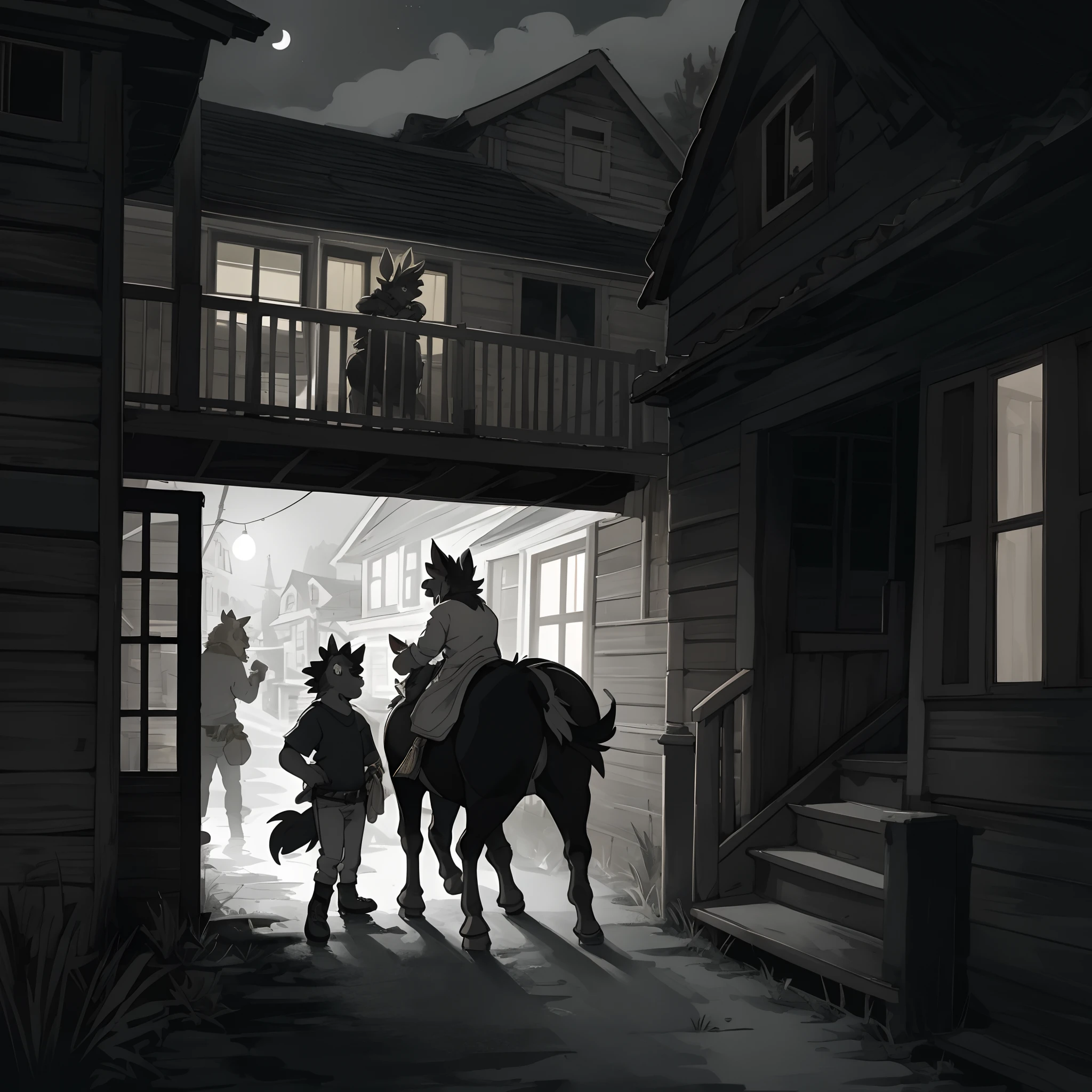 (masterpiece, top quality, best quality)'The Town Musicians of Bremen', a donkey, a dog, a cat, and a rooster standing on each other's backs, old house at night, with the frightened thieves visible in the background, detailed with a limited color palette to give it an aged appearance,