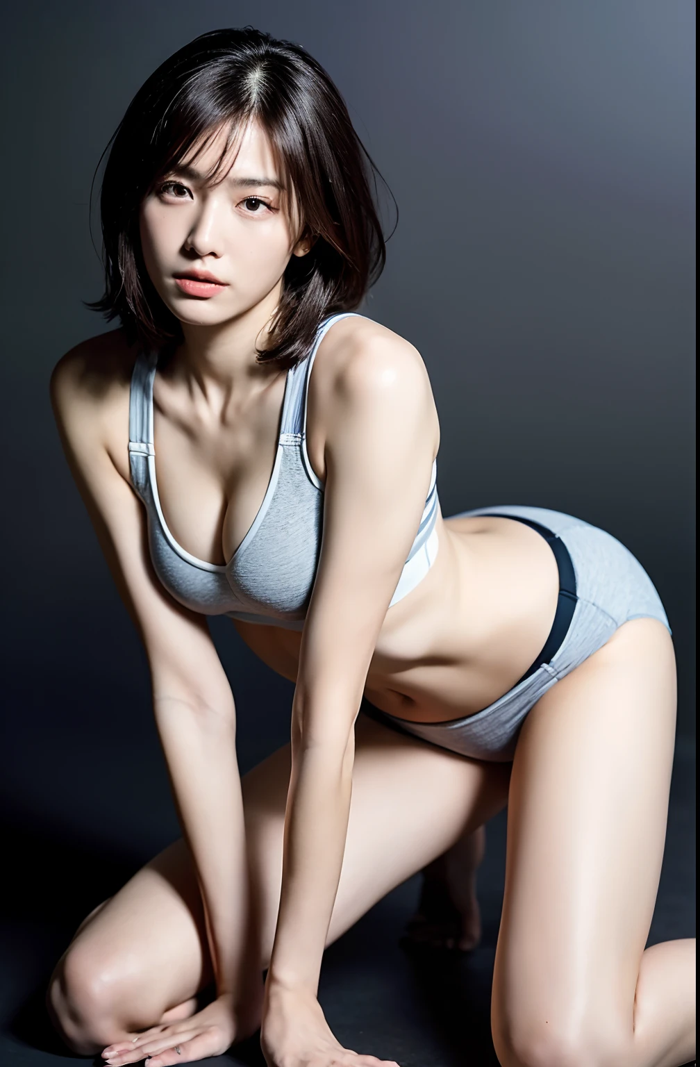 ((8K:1.27)、top-quality、​masterpiece、超A high resolution:1.2)Photo Beautiful Japan woman(pleasing:1.1) (Sportsbra:1.21) Design by Gregg Lutkowski and Alphonse Mucha Intricate Elegance、Fantasia、细节、Geometry、Gradient lighting、1girl in、Delicate skin、looking at the viewers、Brown-eyed、(short hair with bangs:1.2)、(Medium chest:1.0)、(medium areola:0.8)、(realisitic:1.4)、(top-quality:1.0)、(超A high resolution:1.0)、8K、Raw photography、(​masterpiece:0.2)、(pureerosface_v1:0.5)、 tight miniskirt、Get on your knees、Colossal tits、I can see my panties、Futomo、