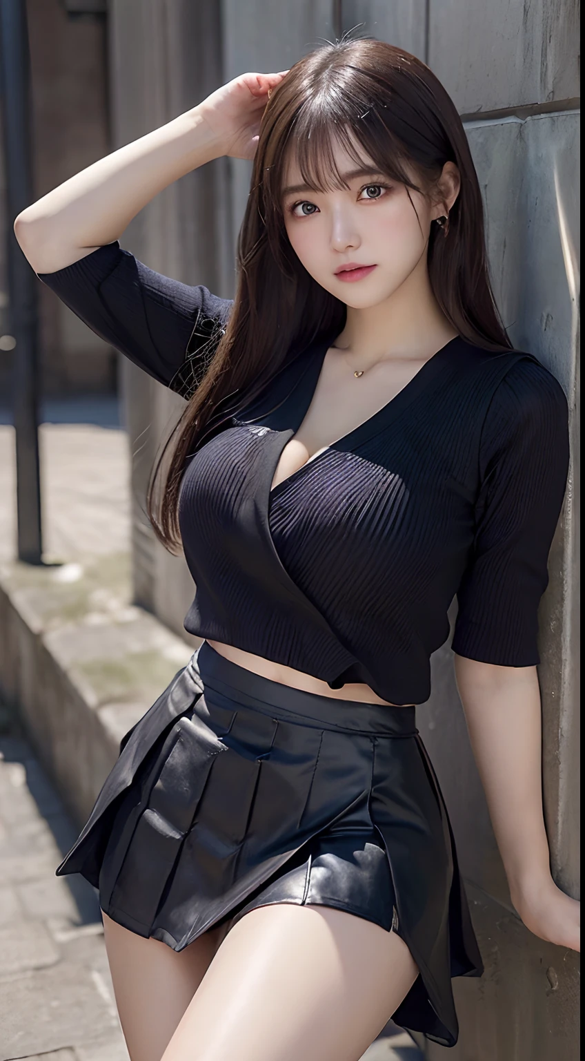 ​masterpiece, top-quality, the Extremely Detailed CG Unity 8K Wallpapers, Ultra-realistic 8kCG, erfect artwork, The perfect female figure, Dramatic shadows, (spot light, Perfect litthing, Detailed light, (((1girl in))), ((Sharp face)), ((Brown hair, waved hair)), (((sexypose))), Model body type, Navel is visible, large full breasts, ((cute  face)), (gently smiling: 1.2), (asymmetrical bangs, beautiful eyelashes), Beautiful face, (beautiful chest line:1.2), (cleavage), beautiful a girl, Exquisite facial features depicting the perfect face, Cold, Naturally beautiful, Sweating, slenderbody, Light and beautiful thigh expression, hi-school girl, high-school uniform, a sailor suit, pleatedskirt, Loose Socks, In front of a wall full of graffiti, Night, (((Leaning on the wall, is standing))), awardwinning photo, detaile, realistic light and shadow, 8K resolution, Professional Lighting, (glistning skin:0.9), perfect hand, huge breasts