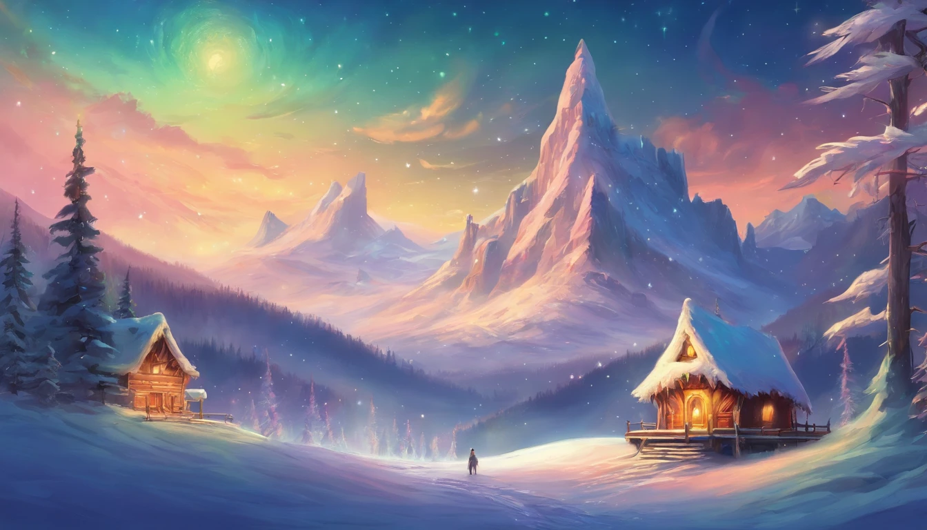 Fantasyart, Best Quality,hight resolution,(masutepiece:1.2),Ultra-detailed,Reindeer in the foreground,Multiple reindeer,Beautiful aurora borealis in jade color, Mysteriously shining aurora borealis,A snow-capped mountain towering in the far back々, Two-storey log cabin covered with snow,Snowy hideaway, Yukito,Sled,Winter wonderland,Vibrant colors, 云,myst,themoon,intergalactic, breathtaking landscape, Ice cliffs, frozen lake, Peakful, Majestic beauty, Starry Night, ethereal glow, Miracle of nature, Peaceful solitude, Wonders of Heaven, Vast, Natural phenomena, Silent Night, Gentle reflection, sparkling stars, Mystical charm