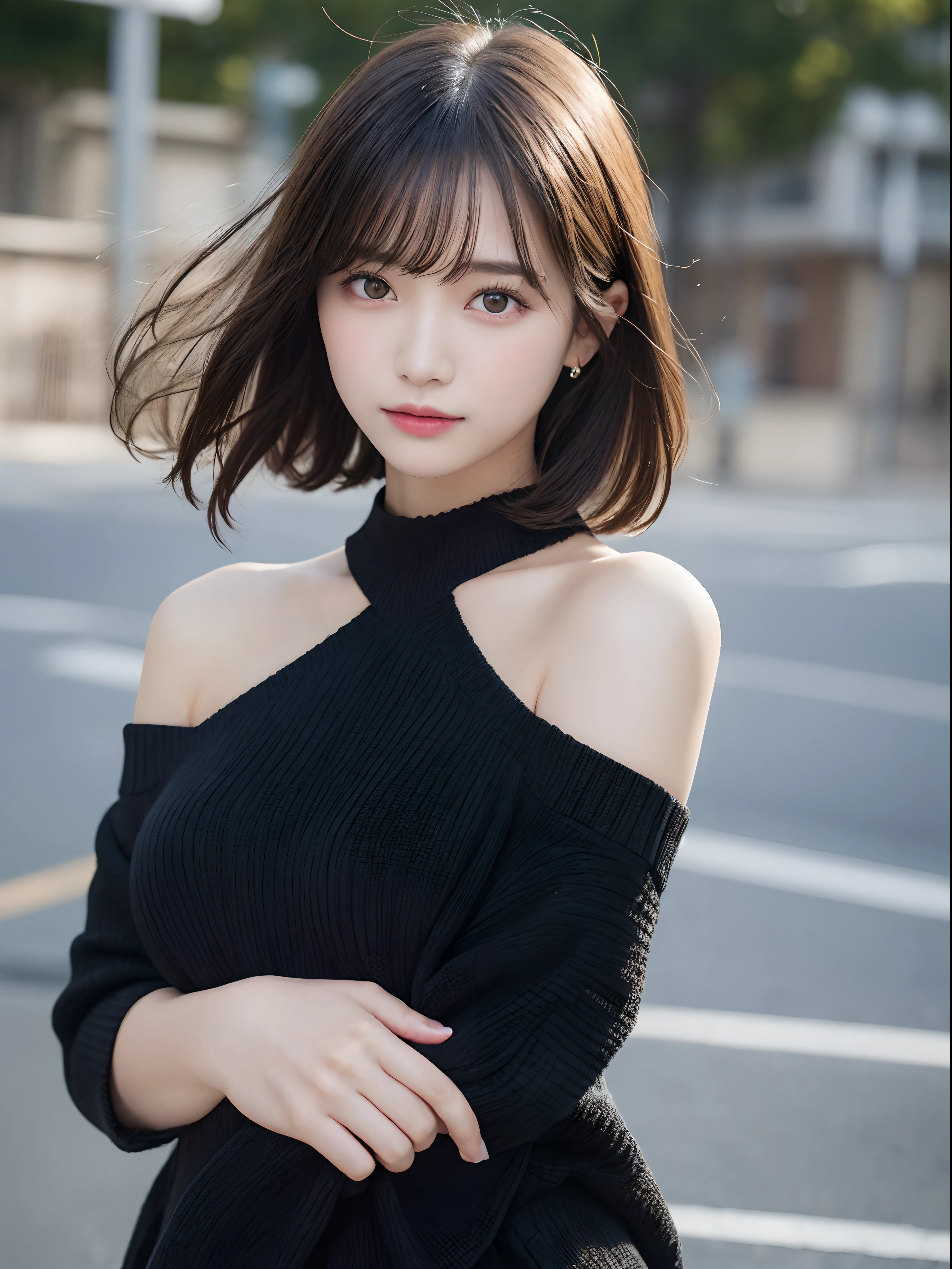 Detailed details,、hight resolution、hightquality、Perfect dynamic composition、Beautiful detailed eyes、short-hair、Small breasts、Natural Color Lip、Kamimei、Shibuya、20 years girl、1 persons、Transparent skin、Glowing hair、masutepiece、Best Quality、finely detail、hight resolution、8K、The correct state of the human body、Wearing a black knitted dress、randome pose、Gravure Model Pose、Hair soaring in the wind
