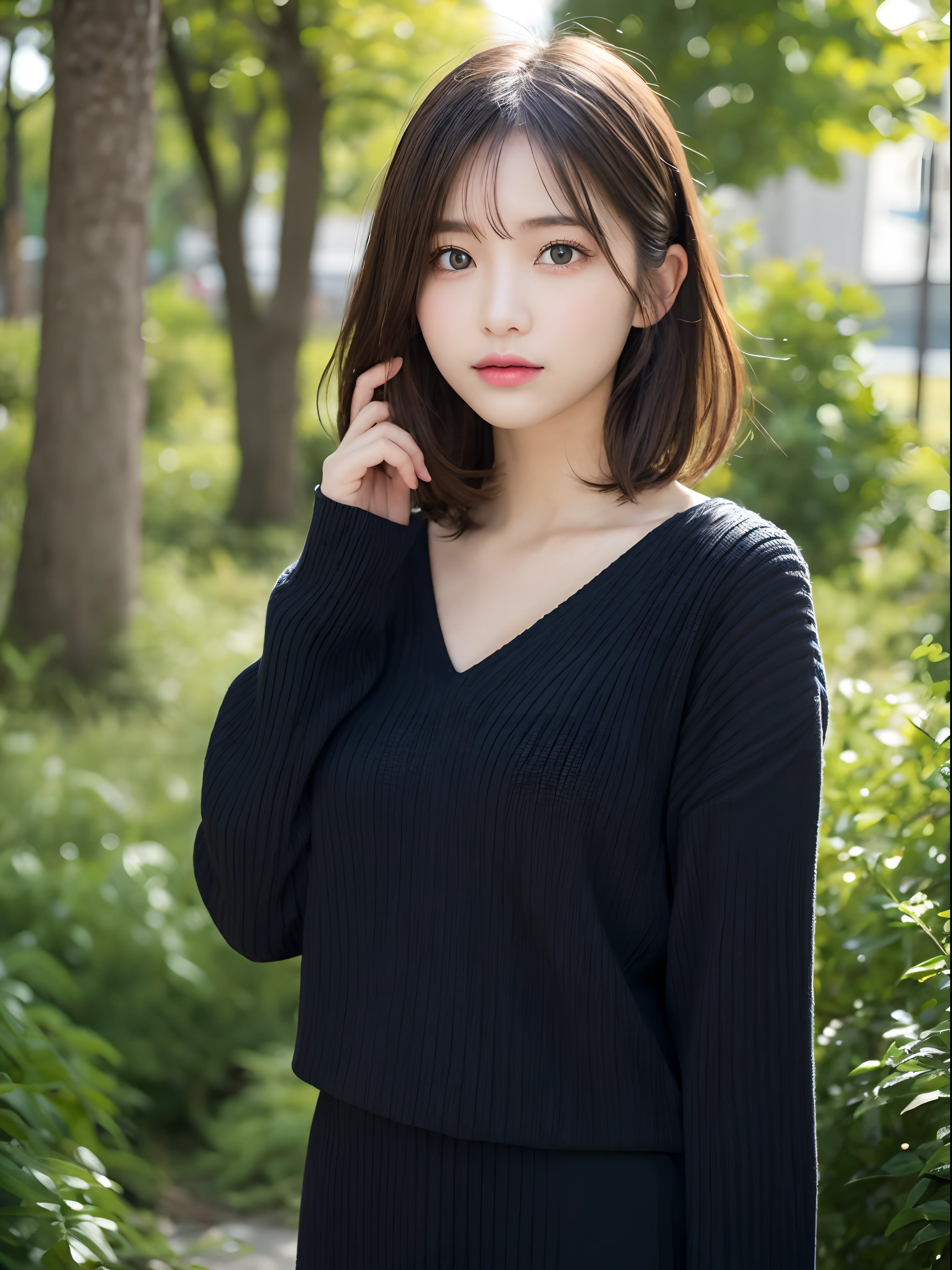 Detailed details,、hight resolution、hightquality、Perfect dynamic composition、Beautiful detailed eyes、short-hair、Small breasts、Natural Color Lip、Kamimei、Shibuya、20 years girl、1 persons、Transparent skin、Glowing hair、masutepiece、Best Quality、finely detail、hight resolution、8K、The correct state of the human body、Wearing a black knitted dress、randome pose、Gravure Model Pose、Hair soaring in the wind