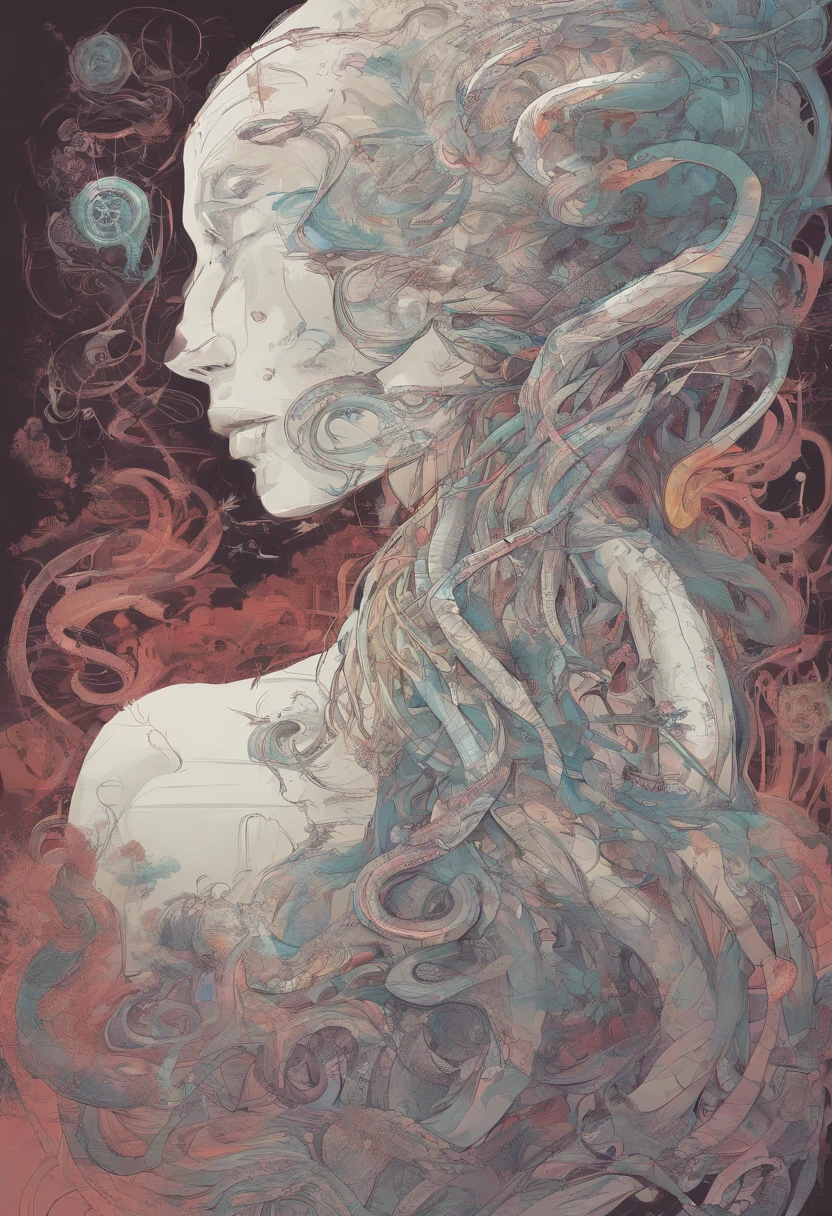 Uma entidade semelhante a um polvo e um humano, Music Lovers, programming, jogos, STORIES, poesia, filosofia, e jazz, Her hair is multi-tentacle, Its head is that of an octopus, Your body is that of a human being, e ele usa streatwear, cinemactic, 75 millimeters, soft blur.