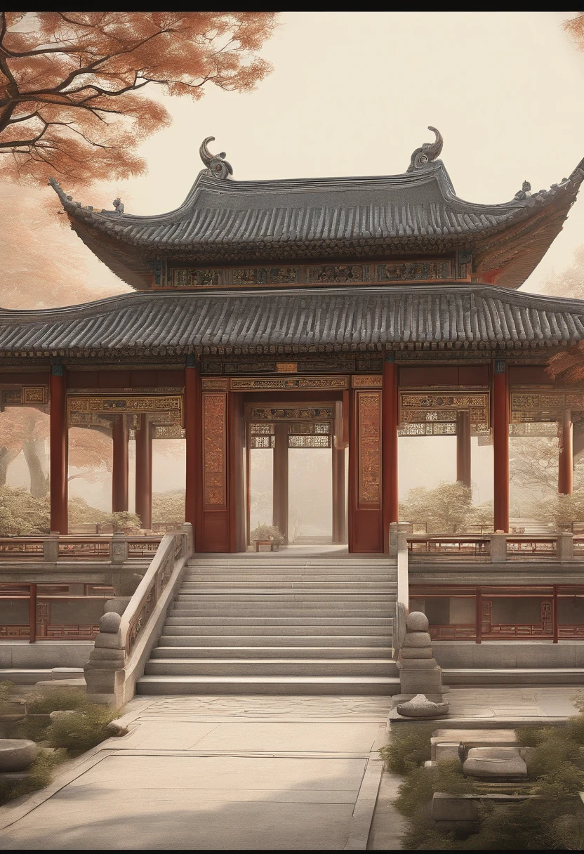 Chinese palace of the Tang Dynasty, in wonderland, surrounded by cloud, Far perspective, 。.。.3D, China-style, Reddish yellow tones。8K, High detail, Chiaroscuro, Depth of field, god light, stereograms, hyper HD, hyper HD, Textured skin, High details --auto