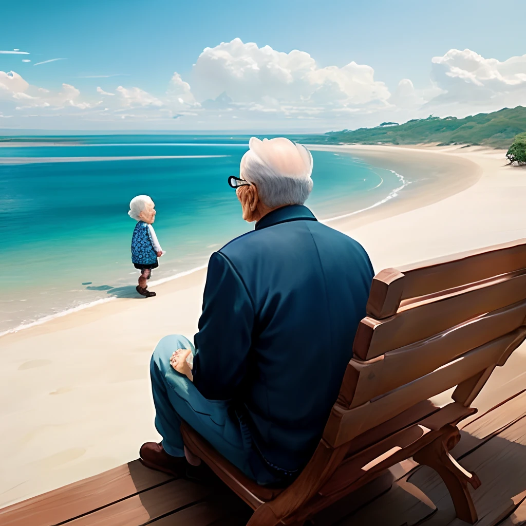 Spectacular scenery,,there are waters,A little girl and an old man are chatting,anime