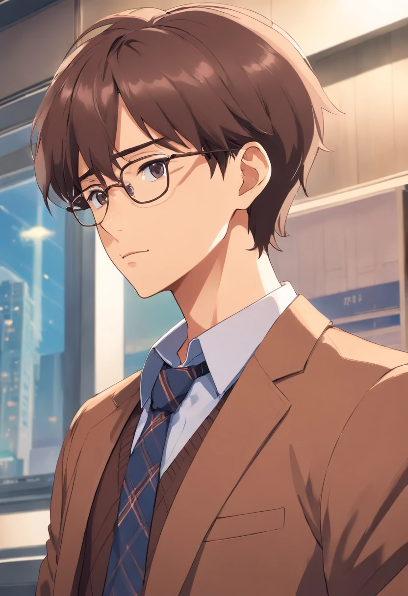 Skin colour brown, there is a man wearing glasses and a sweater and tie, wearing a parker, he is wearing a brown sweater, wearing a vest and a tie, wearing a brown, wearing a shirt with a tie, profile shot, around 1 9 years old, wearing a suit and a tie, weather report style, inspired by Theo Constanté, wearing collar, dressed well, dressed casually