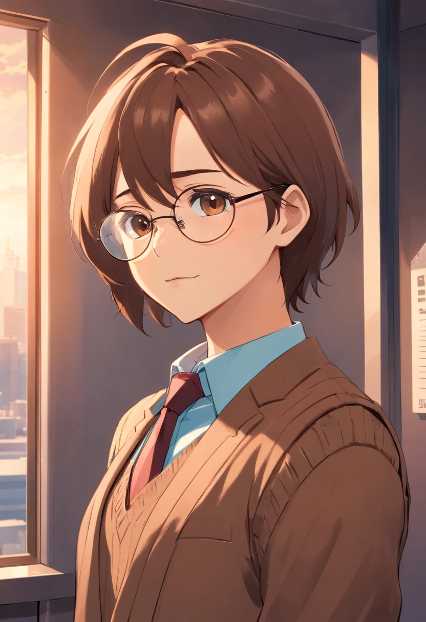 Skin colour brown, there is a man wearing glasses and a sweater and tie, wearing a parker, he is wearing a brown sweater, wearing a vest and a tie, wearing a brown, wearing a shirt with a tie, profile shot, around 1 9 years old, wearing a suit and a tie, weather report style, inspired by Theo Constanté, wearing collar, dressed well, dressed casually