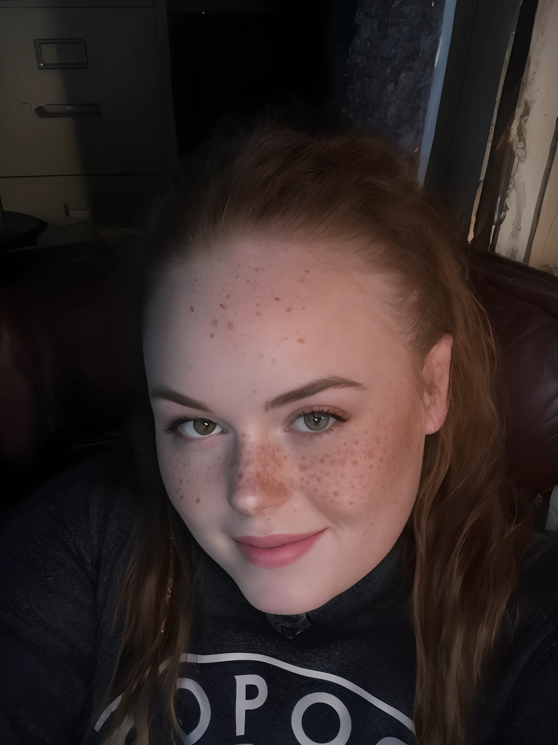 there is a woman with long hair sitting on a couch, taken in the early 2020s, headshot profile picture, with freckles, photo from the back, ginger hair with freckles, takenphoto of an ugly woman, looking towards the camera, 30 years old woman