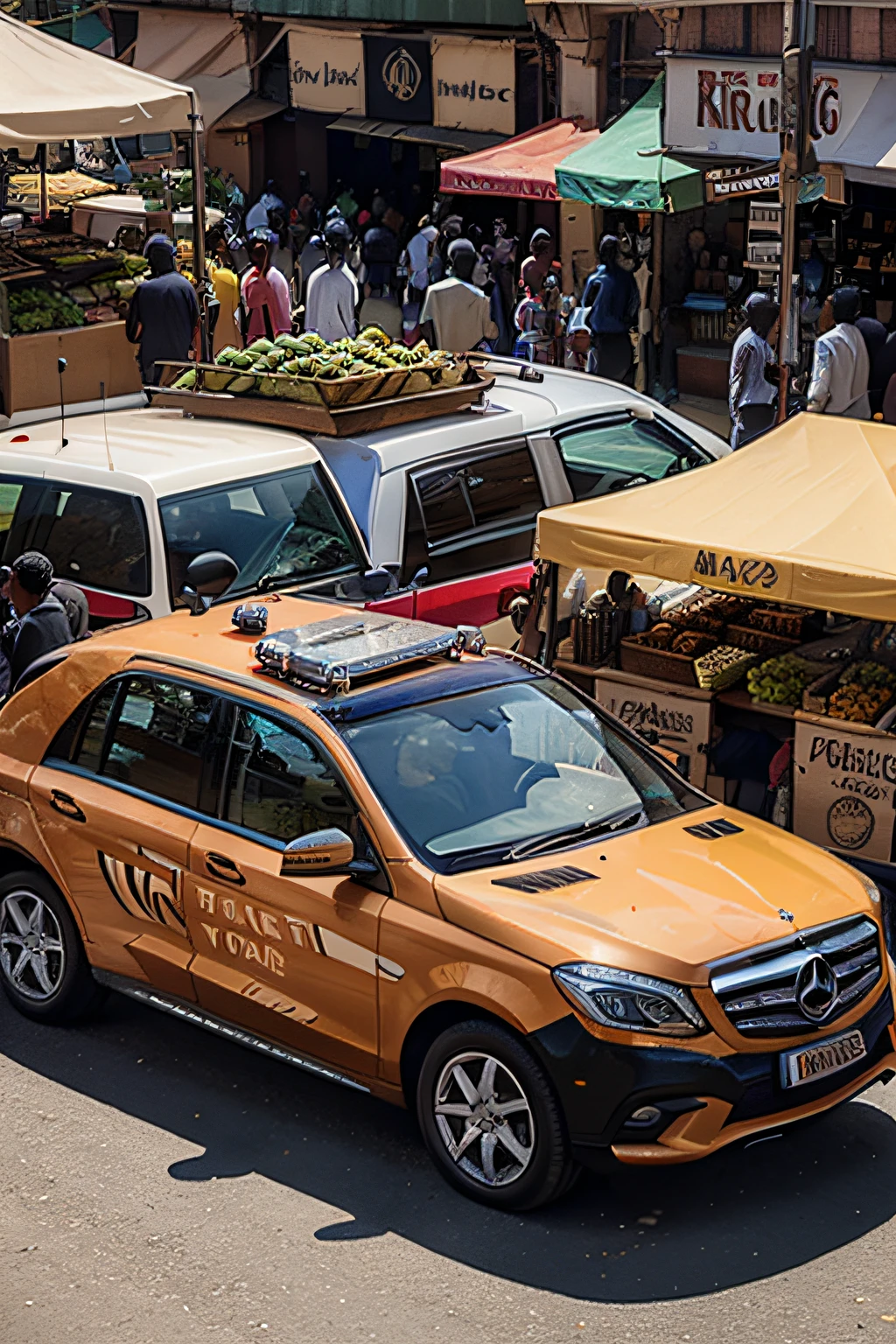 /imagine prompt: A vibrant marketplace in Nairobi, Kenya, teeming with stalls offering an array of freshly harvested produce and local delicacies, the scent of roasting coffee beans mingling with the lively chatter of vendors and shoppers, a police chopper racing after a group of criminals in a luxury Mercedes Benz, the crowd below pointing and shouting in urgency, Mixed media, combining digital painting and traditional pencil sketches, capturing the dynamic market scene with a blend of detailed line work and rich digital textures, --ar 16:9 --v 5