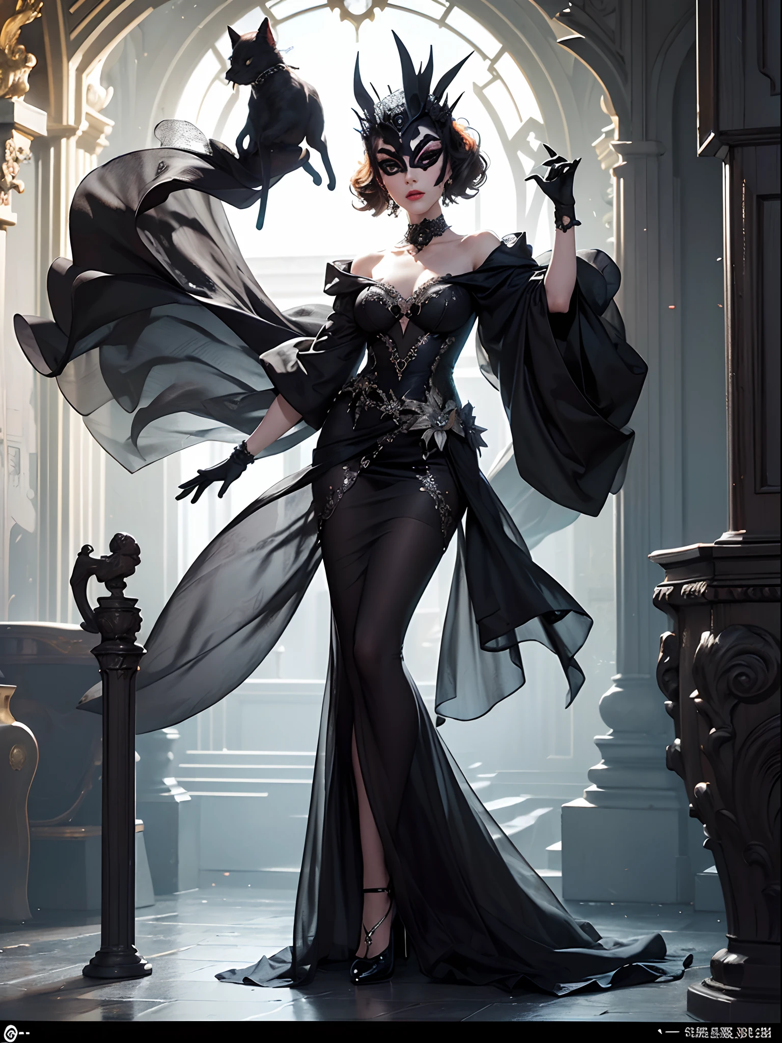 Black cat motif、Black and silver tones、Vibrant colors、((masterpiece)))、(((top-quality)))、((ultra-detailliert))、(A hyper-realistic)、(highly detailed CGillustration)、Official art、Munich in the first half of the 20th century、Decadent、Female eccentric、Madame Chat Noir、Masquerade、Elegance、Masks that cover most of the face、Colorful and detailed mask design、matchless beauty、Fans、Female Solo、gorgeous dress、jewely、Perfect Angle、→ orientation、perfect-composition、full body Esbian