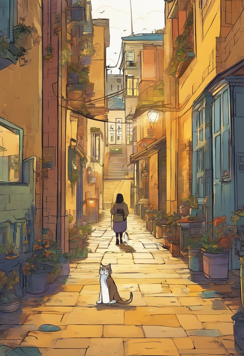 Create a scene, in a dark street inspired by the streets of London, lit only by the yellow light of a distant streetlight. the street tiles are wet and fog hangs in the air. The street is deserted, only two young people stand out in the landscape. A girl wearing white warm clothes and black hair and a boy wearing black warm clothes and blond hair. A cat walking along the wall of one of the houses. (the scene needs to have a noir atmosphere)