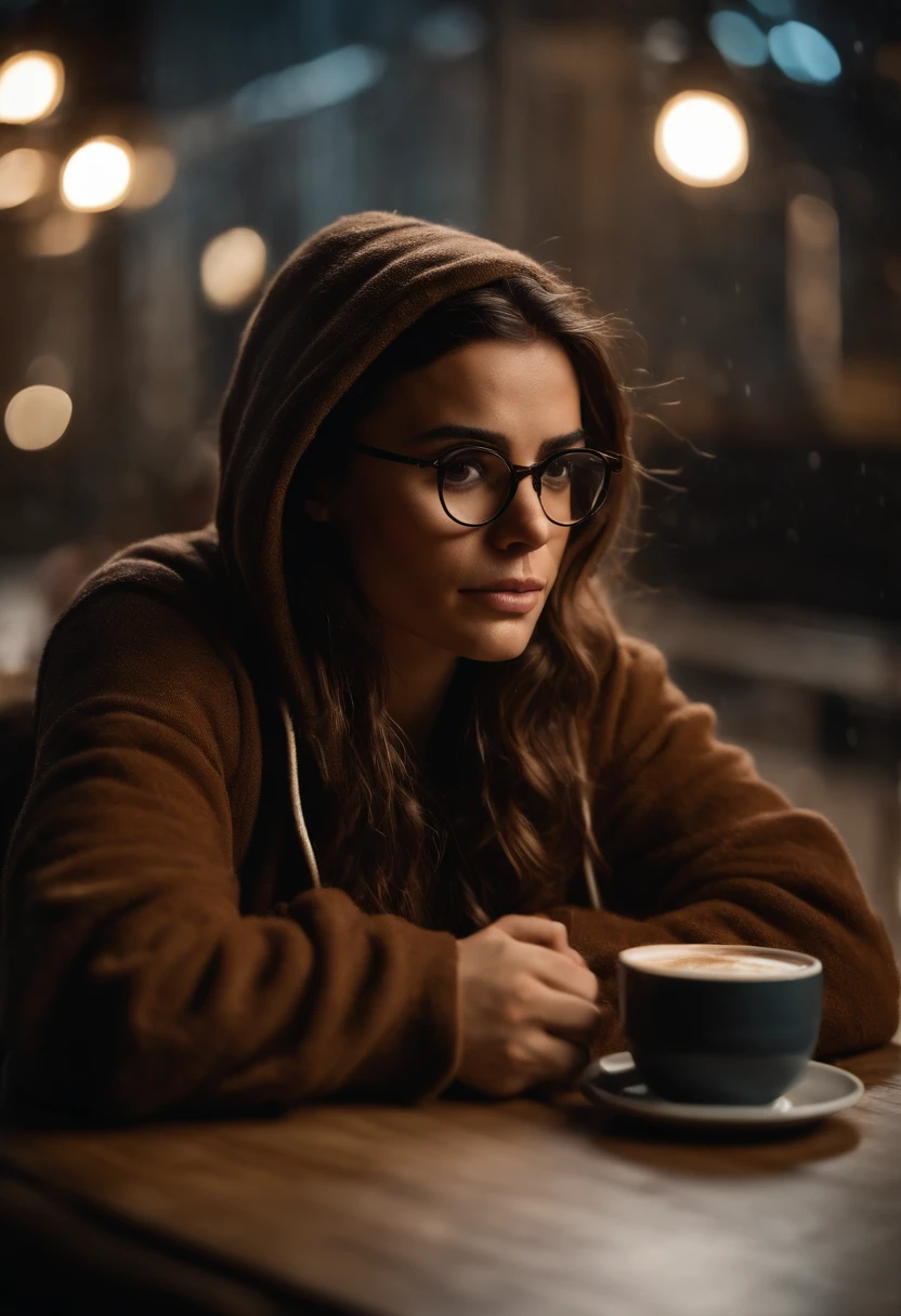 Brown haired girl in glasses, latina, shoulder length messy hair, wearing a hoodie. Sitting beside oscar isaac drinking a coffee. Well detailed. Low exposure, close up, rainy.