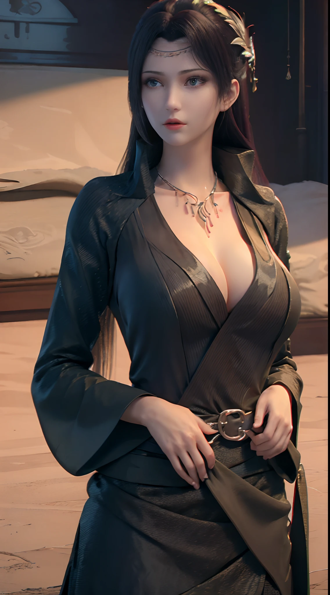 (top-quality、hight resolution、​masterpiece:1.3)、Tall and cute woman、Slender Abs、Dark brown hair styled in loose waves、breastsout、Wearing a pendant、White Up Shirt、a belt、a black skirt、(Modern architecture in background)、Details exquisitely rendered in the face and skin texture、A detailed eye、二重まぶた、(huge-breasted:1.6), ((Wearing a tie)), full body Esbil buttons are closed)), exposed, undressed, naked, visible, visible, areola visible, boom, boomer boobs, bomb tits, visible