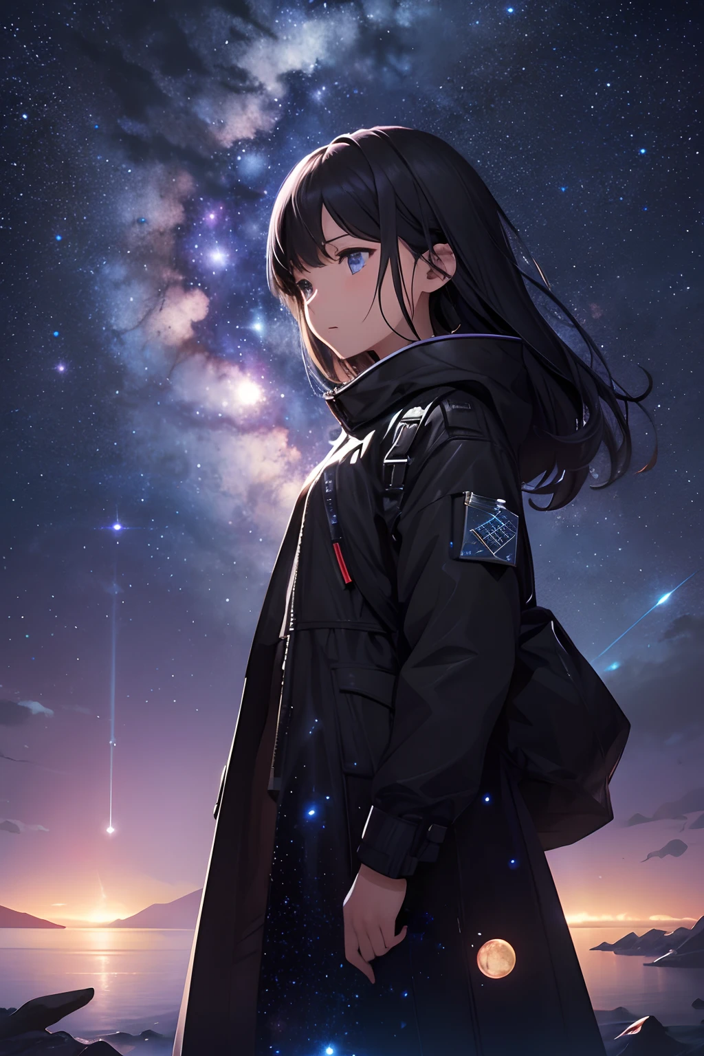 masterpiece、Background with((Fantastic starry sky、kosmos、Meteor swarm、black hole、Irridescent color))depth((planetes))、A person is standing in the distance、A girl who can't be seen