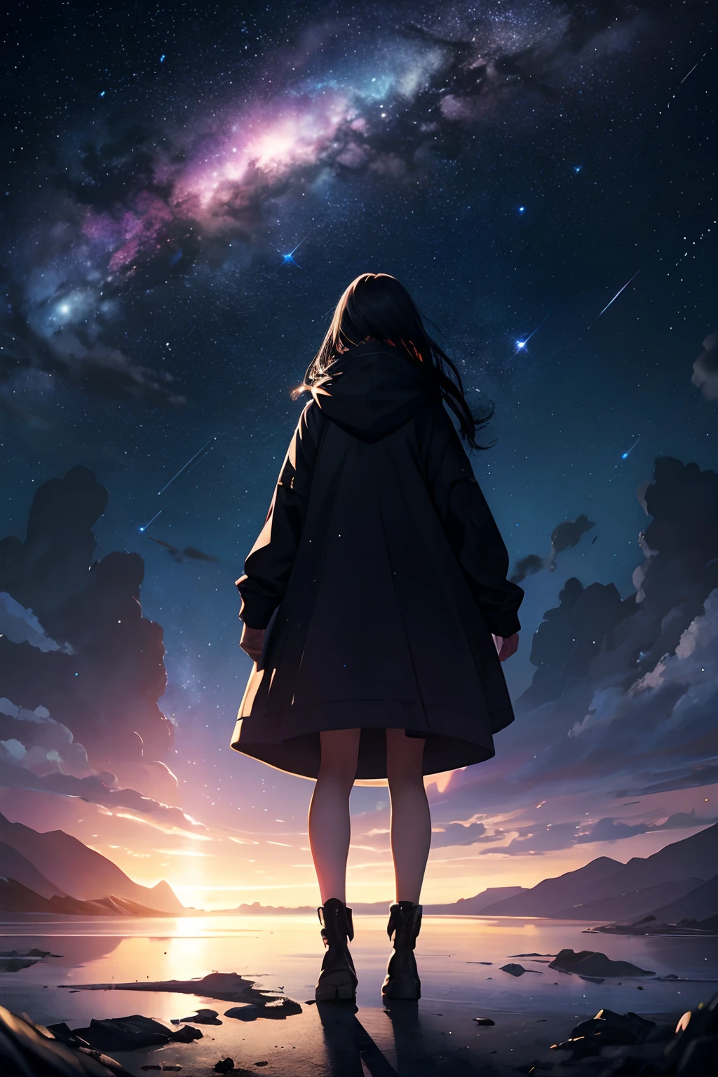 ​masterpiece、Background with（（Fantastic starry sky、kosmos、Meteor swarm、black hole、Irridescent color））depth（（planetes））、A person is standing in the distance、A girl who can't be seen