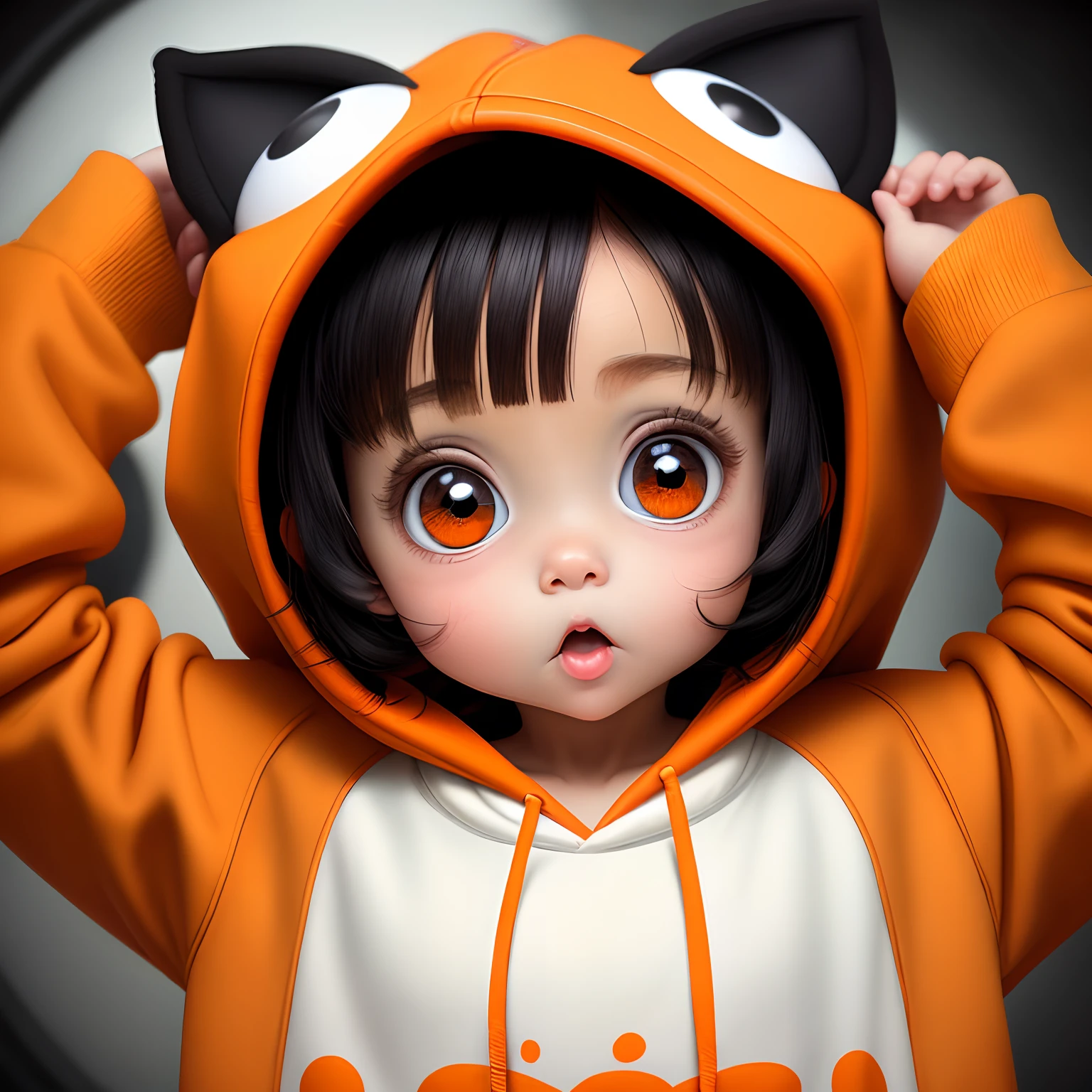 Watermelon whimsy theme, Baby in orange hoodie, with big eyes and orange eye balls, black hair
