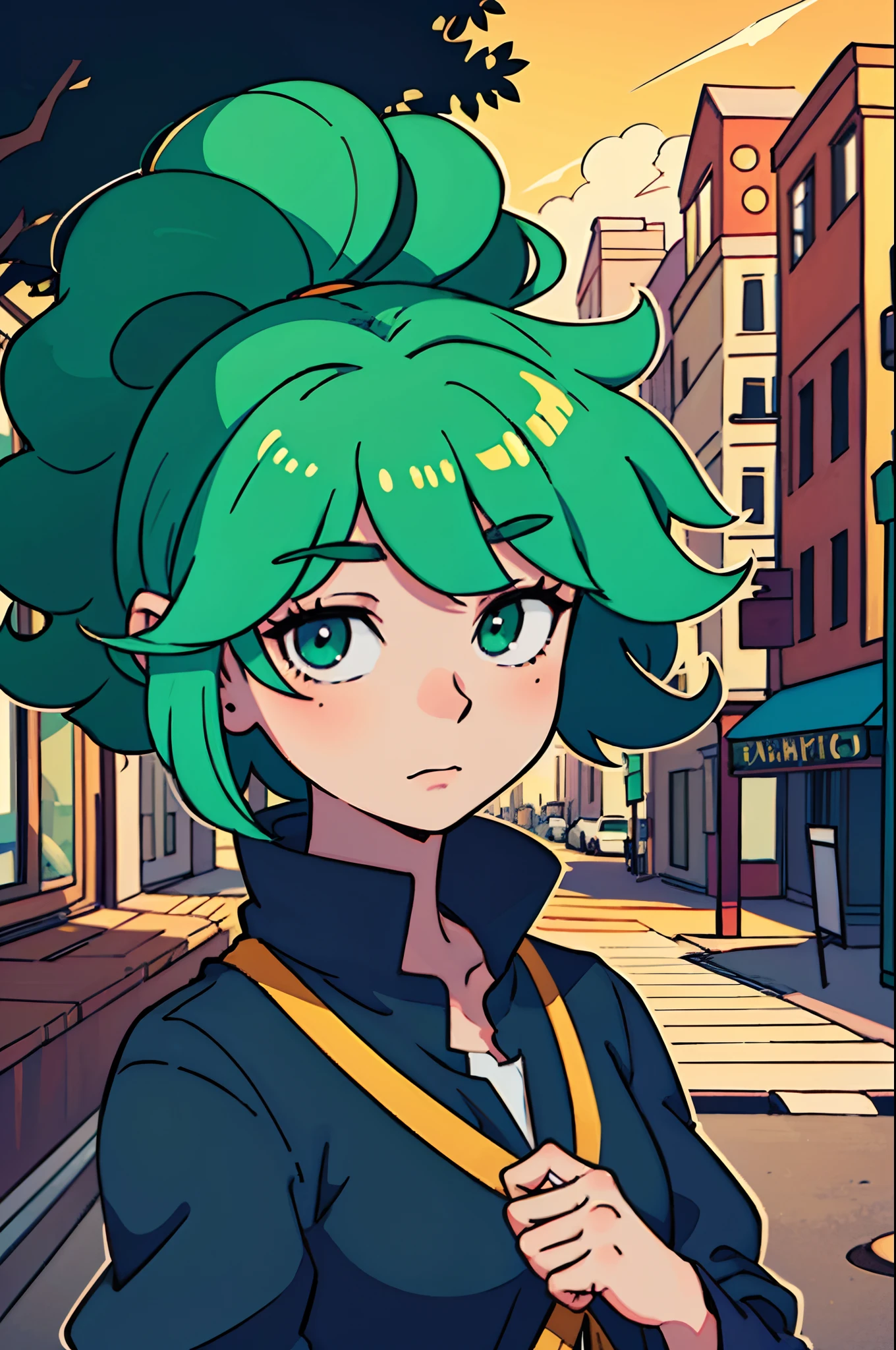 (top-quality:0.8)、(top-quality:0.8)、perfect anime illustration、Close up portrait of beautiful woman walking in city、Fantastico hairstyle、Oversized Afro、Mojamoja Head、green colored hair、outlaw、