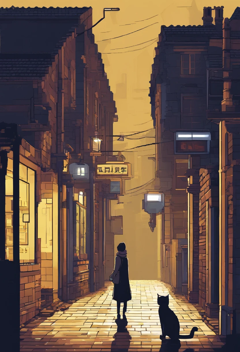 Create a scene, in a dark street inspired by the streets of London, lit only by the yellow light of a distant streetlight. the street tiles are wet and fog hangs in the air. The street is deserted, only two young people stand out in the landscape. A girl wearing white warm clothes and black hair and a boy wearing black warm clothes and blond hair. A cat walking along the wall of one of the houses. (the scene needs to have a noir atmosphere)