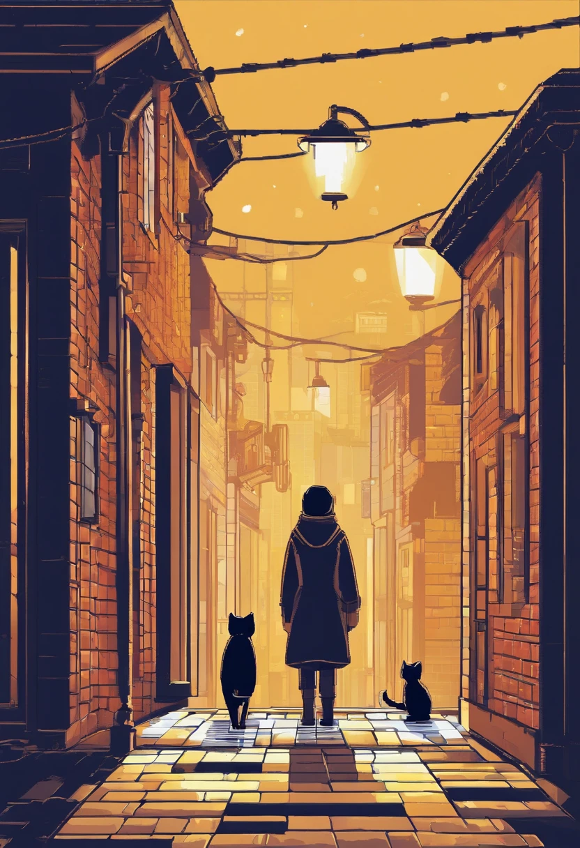 Create a scene, in a dark street inspired by the streets of London, lit only by the yellow light of a distant streetlight. the street tiles are wet and fog hangs in the air. The street is deserted, only two young people stand out in the landscape. A girl wearing white warm clothes and black hair and a boy wearing black warm clothes and blond hair. A cat walking along the wall of one of the houses. (the scene needs to have a noir atmosphere)